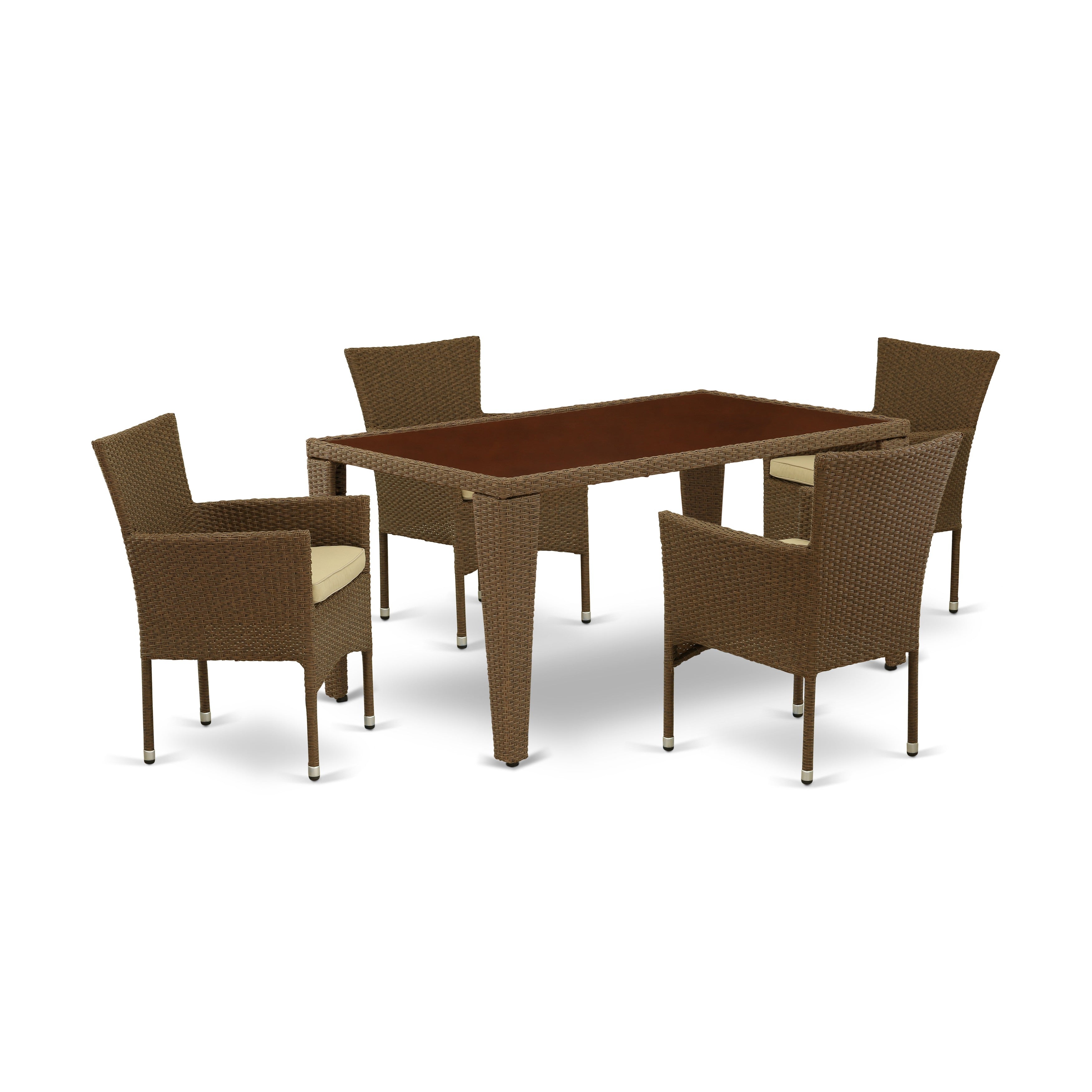 GUBK5-02A 5Pc Outdoor-Furniture Brown Wicker Dining Set Includes a Patio Table and 4 Balcony Backyard Armchair with Linen Fabric Cushion