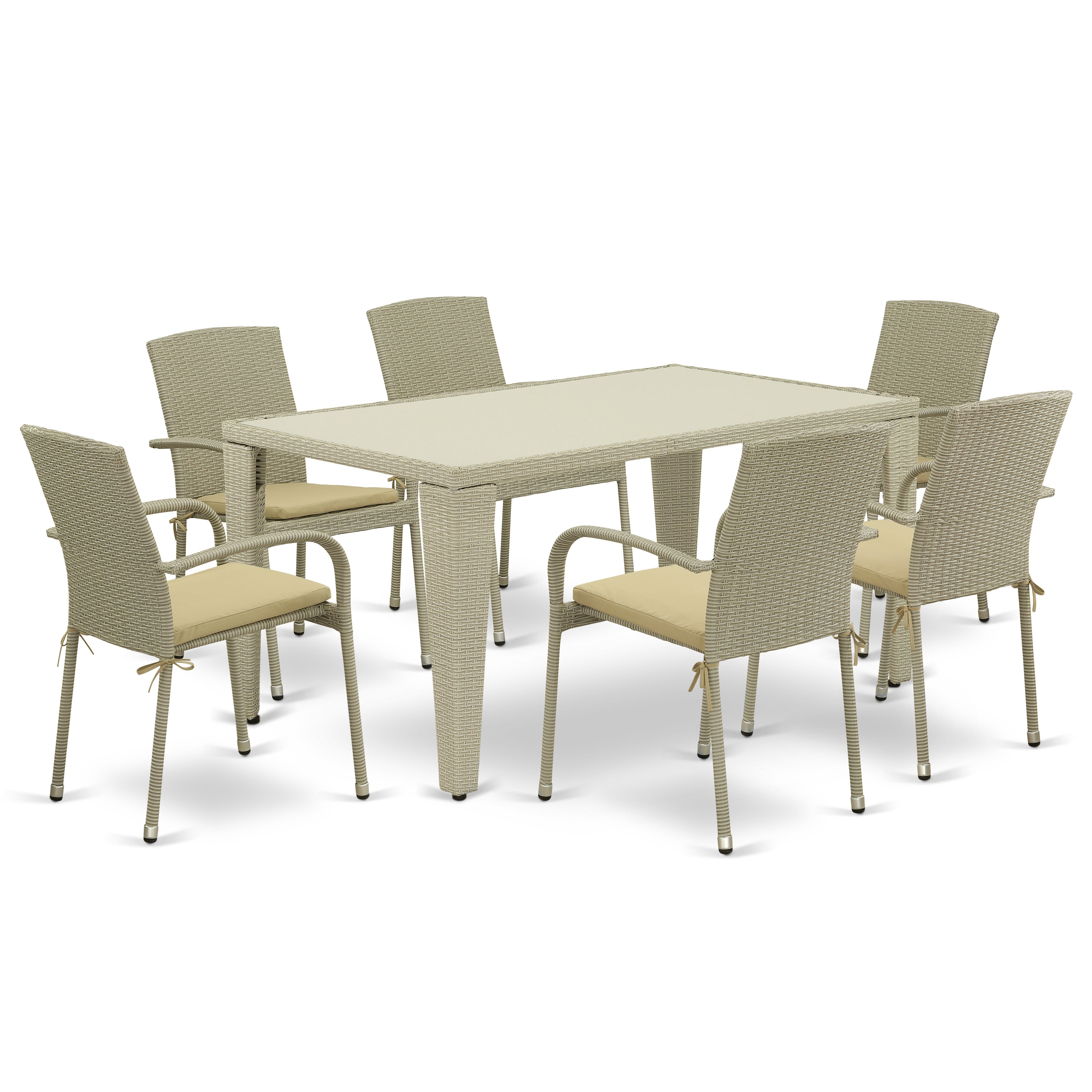Los conjuntos de conversación para patio al aire libre de 7 piezas GUJU7-03A de East West Furniture constan de una mesa de comedor rectangular de mimbre con tapa de vidrio y 6 sillones de jardín con cojín.
