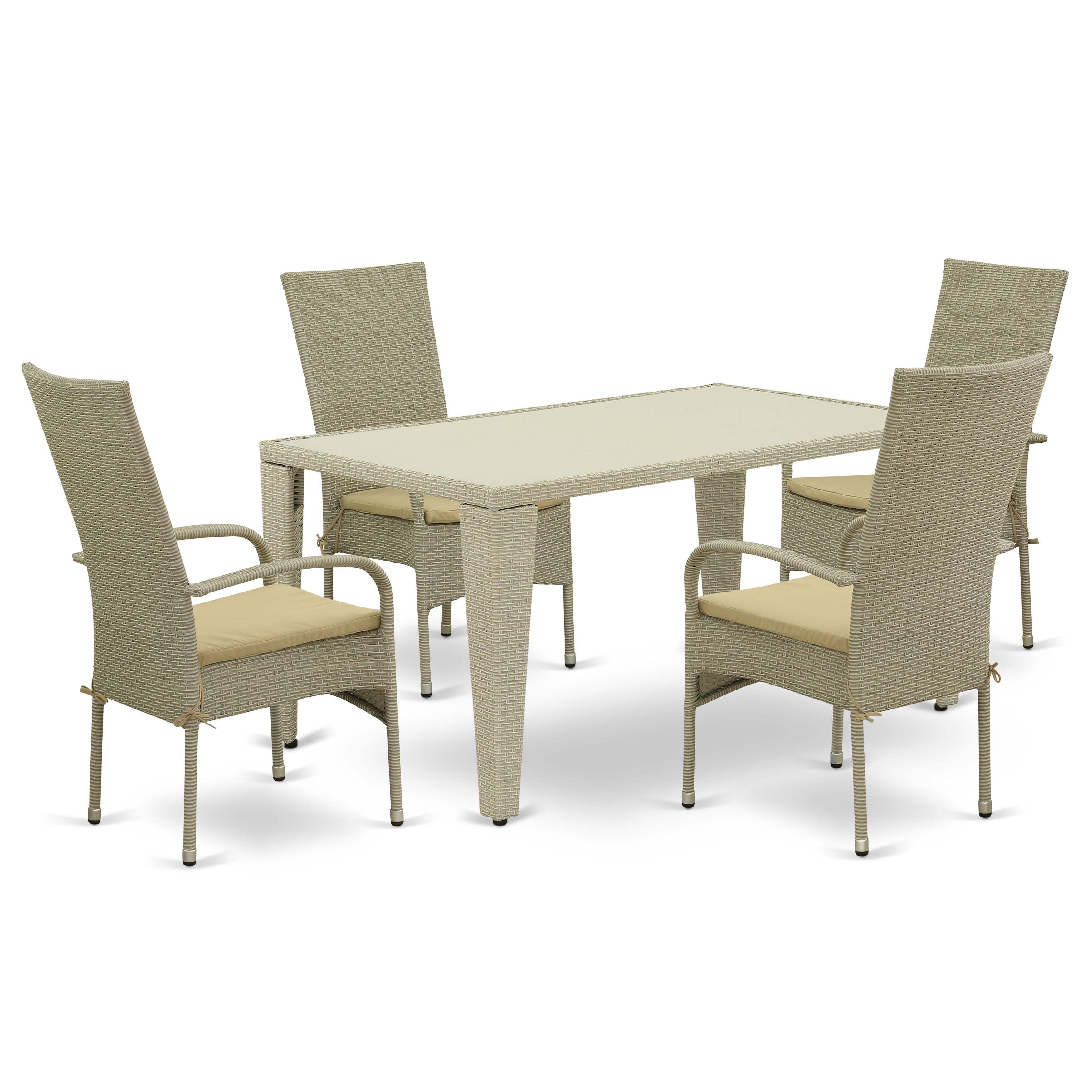 GUOS5-03A 5Pc Outdoor-Furniture Natural Color Wicker Dining Set Includes a Patio Table and 4 Balcony Backyard Armchair with Linen Fabric Cushion