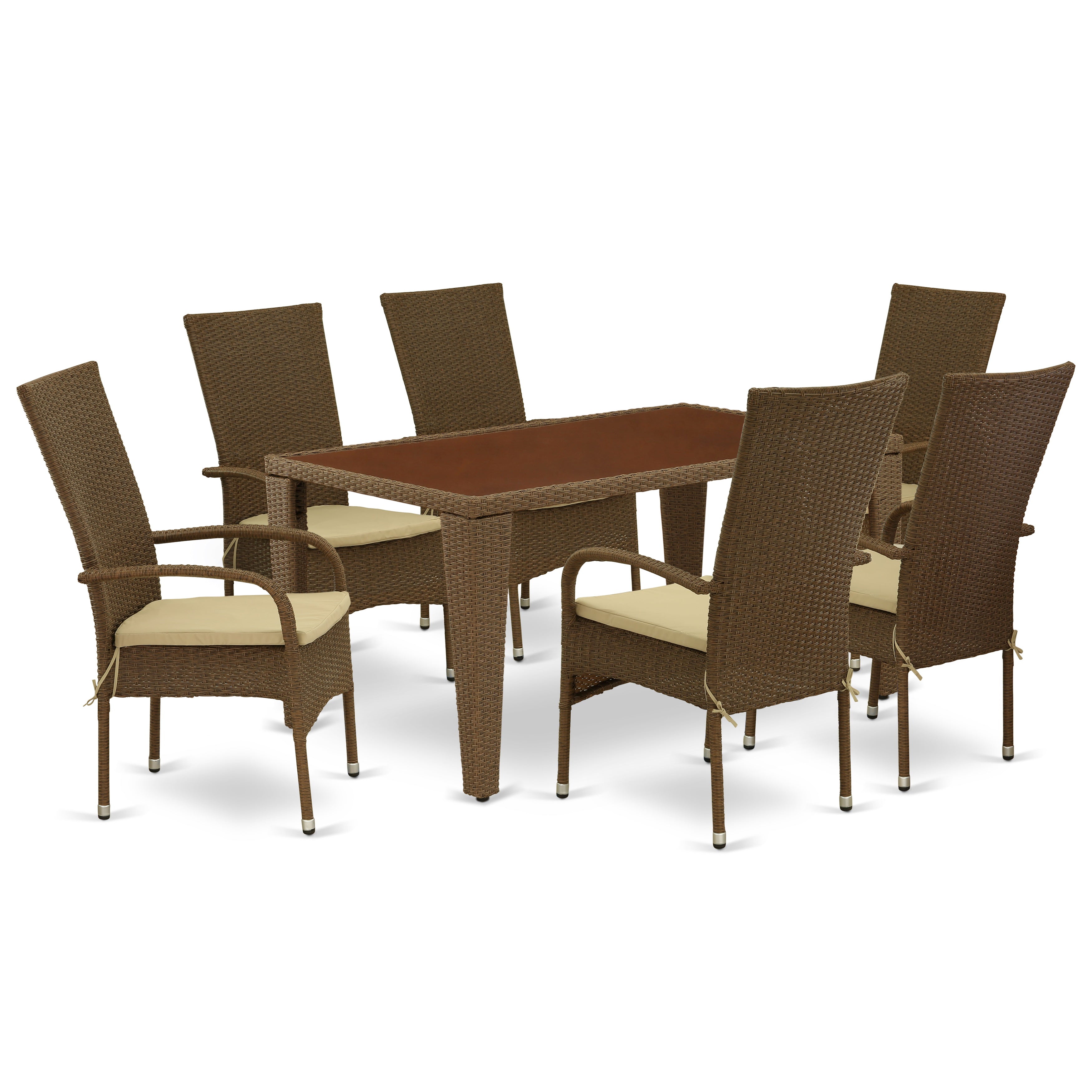 GUOS7-02A 7Pc Outdoor-Furniture Brown Wicker Dining Set Includes a Patio Table and 6 Balcony Backyard Armchair with Linen Fabric Cushion