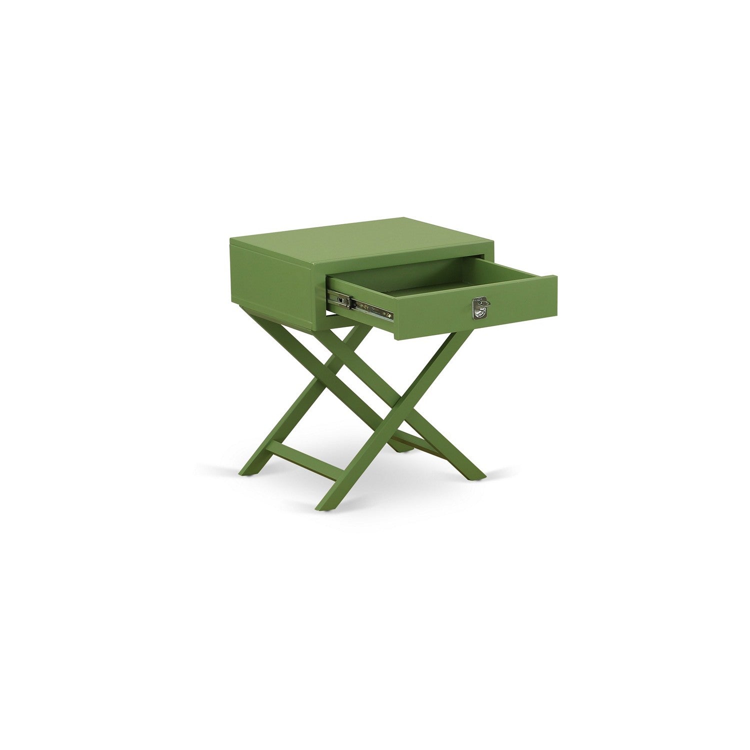 East West Furniture NL19K-1HA12 2 Piece Bedroom Set - King Size Button Tufted Bed - Linen white Velvet Fabric Upholstered Headboard and a Clover Green Finish Nightstand