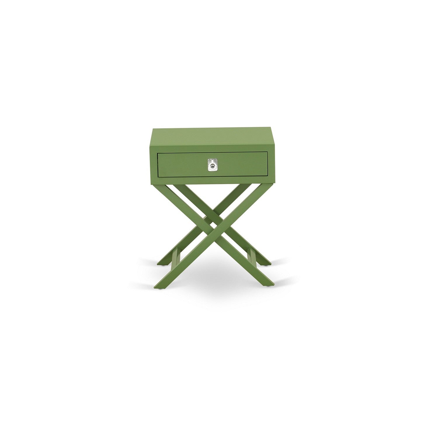 Juego de dormitorio de 3 piezas East West Furniture NL19K-2HA12: cama tamaño king con botones, cabecera tapizada en tela de terciopelo blanco y mesita de noche con acabado verde trébol.