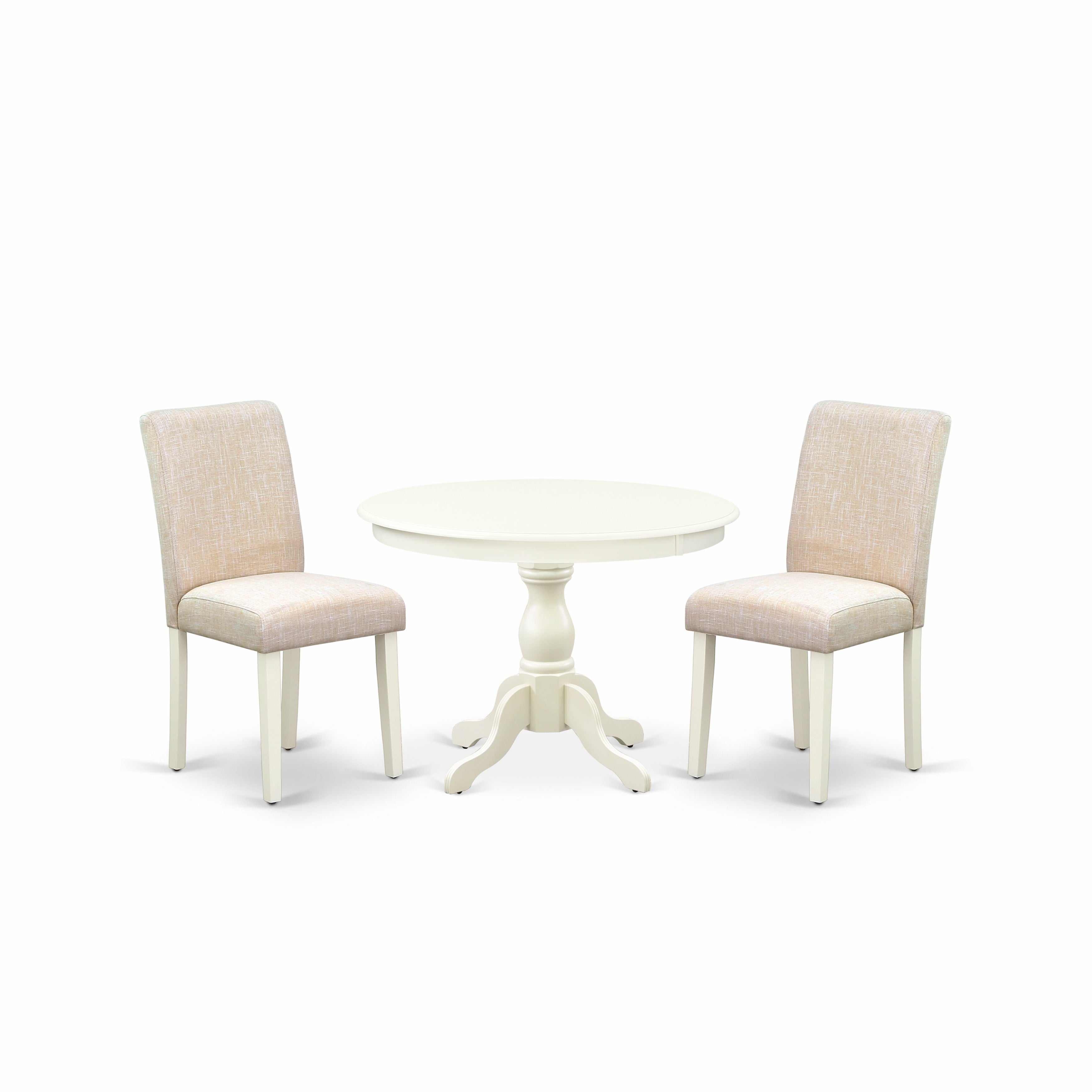 East West Furniture HBAB3-LWH-02 3 Piece Dining Table Set - linen white Round Dining Table and 2 Light Beige Linen Fabric Comfortable Chairs with High Back - linen white Finish