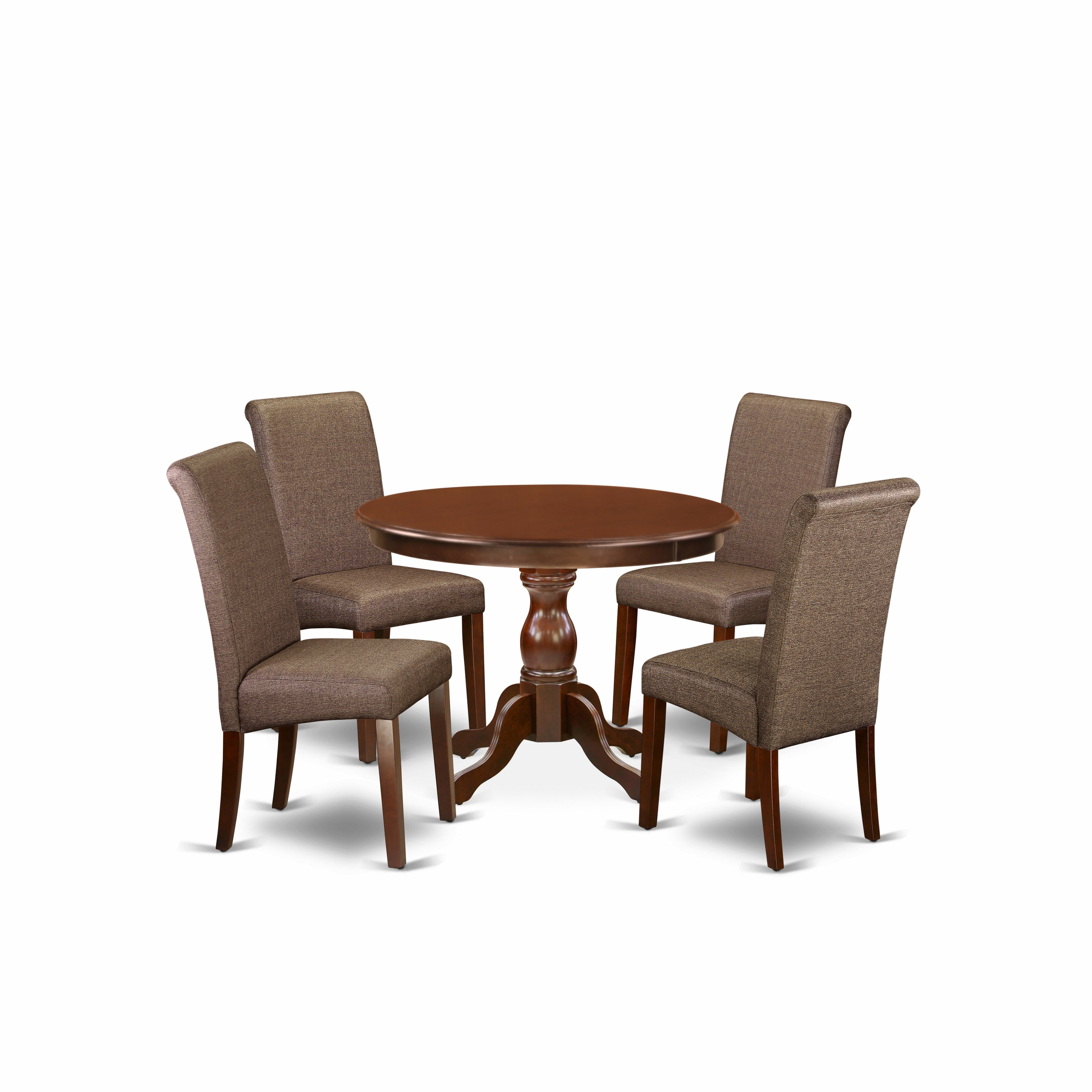 East West Furniture HBBA5-MAH-18 5 Piece Dining Room Table Set - Mahogany Wood Dining Table and 4 Brown faux Leather Dining Chairs with High Back - Mahogany Finish
