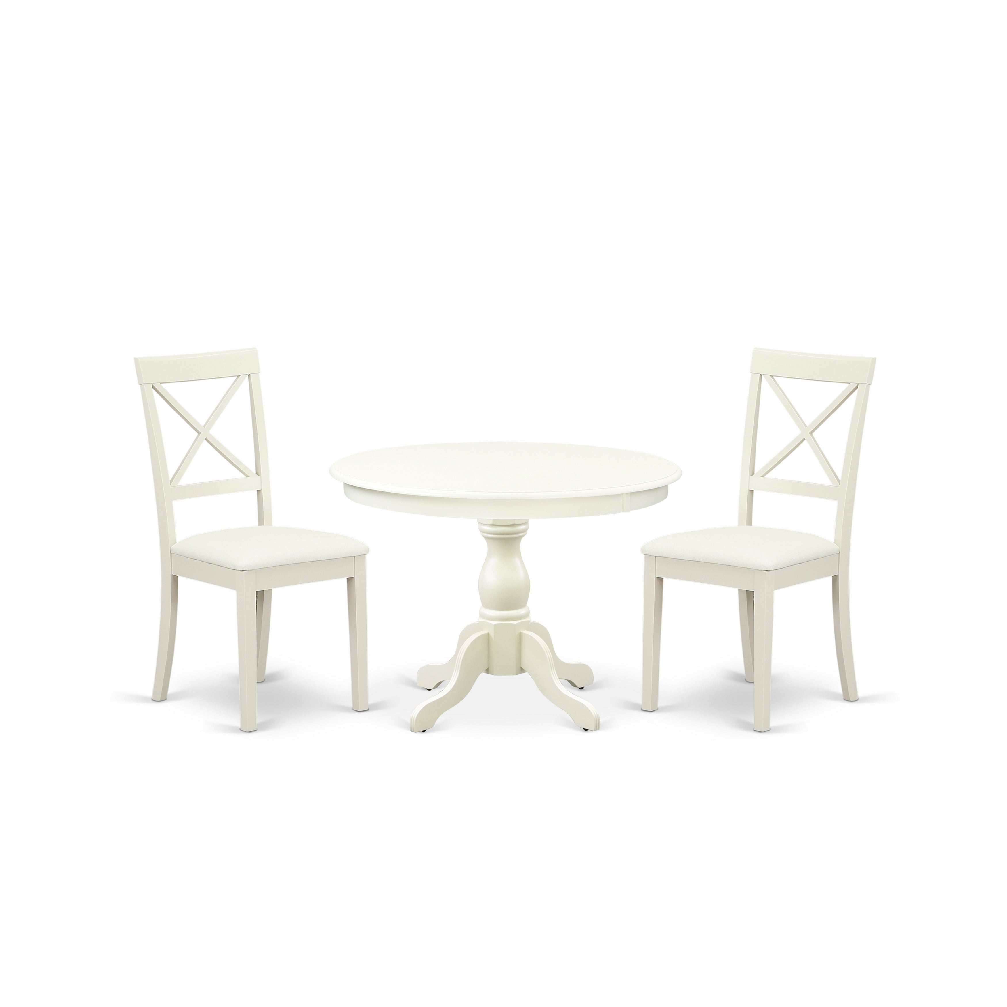 East West Furniture HBBO3-LWH-C 3 Piece Dining Room Set - linen white Wood Table and 2 linen white faux Leather Dining Room Chairs with X-Back - linen white Finish