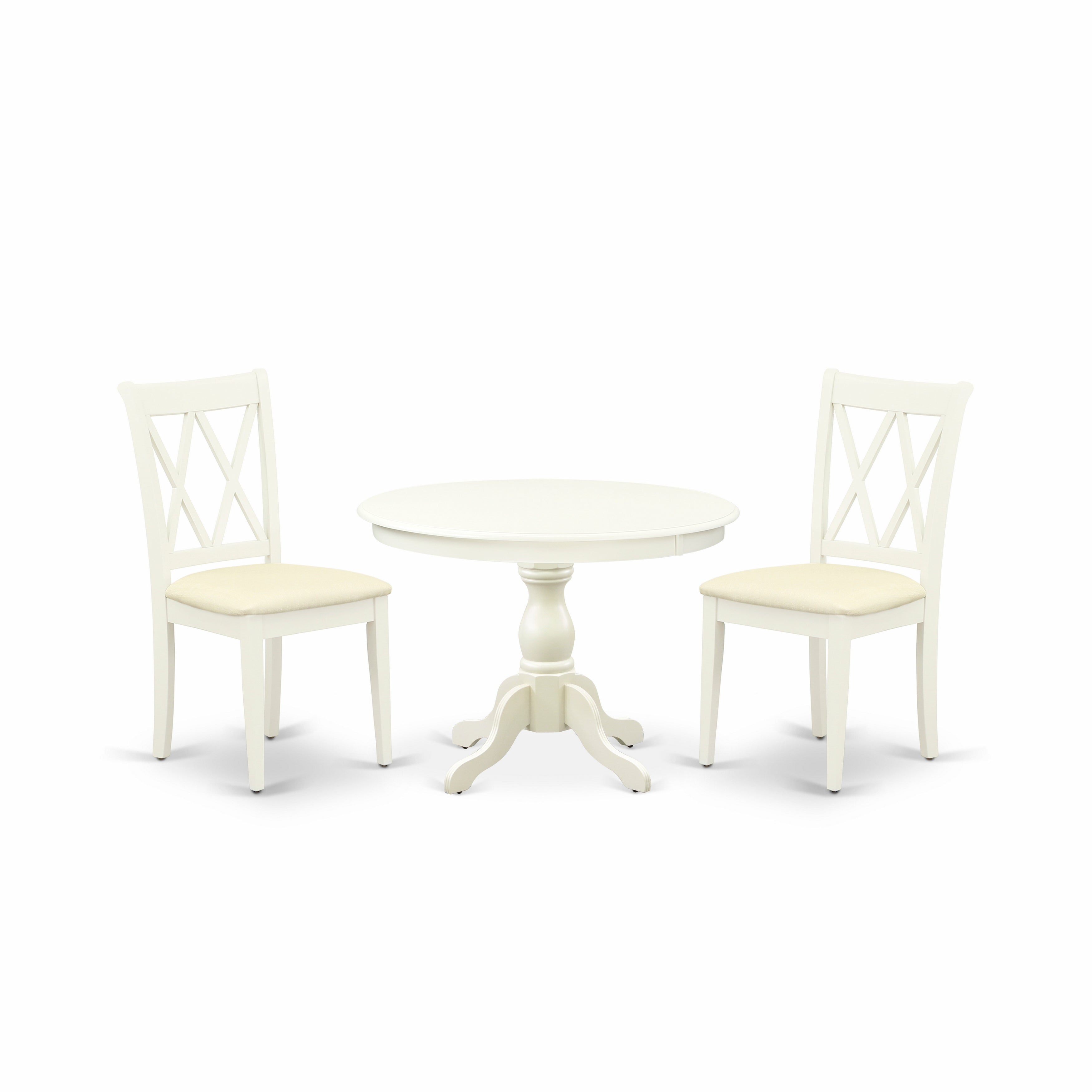 HBCL3-LWH-C 3 Piece Table Set - linen white Small Dining Table and 2 linen white Kitchen & Dining Room Chairs with Double X-Back - linen white Finish
