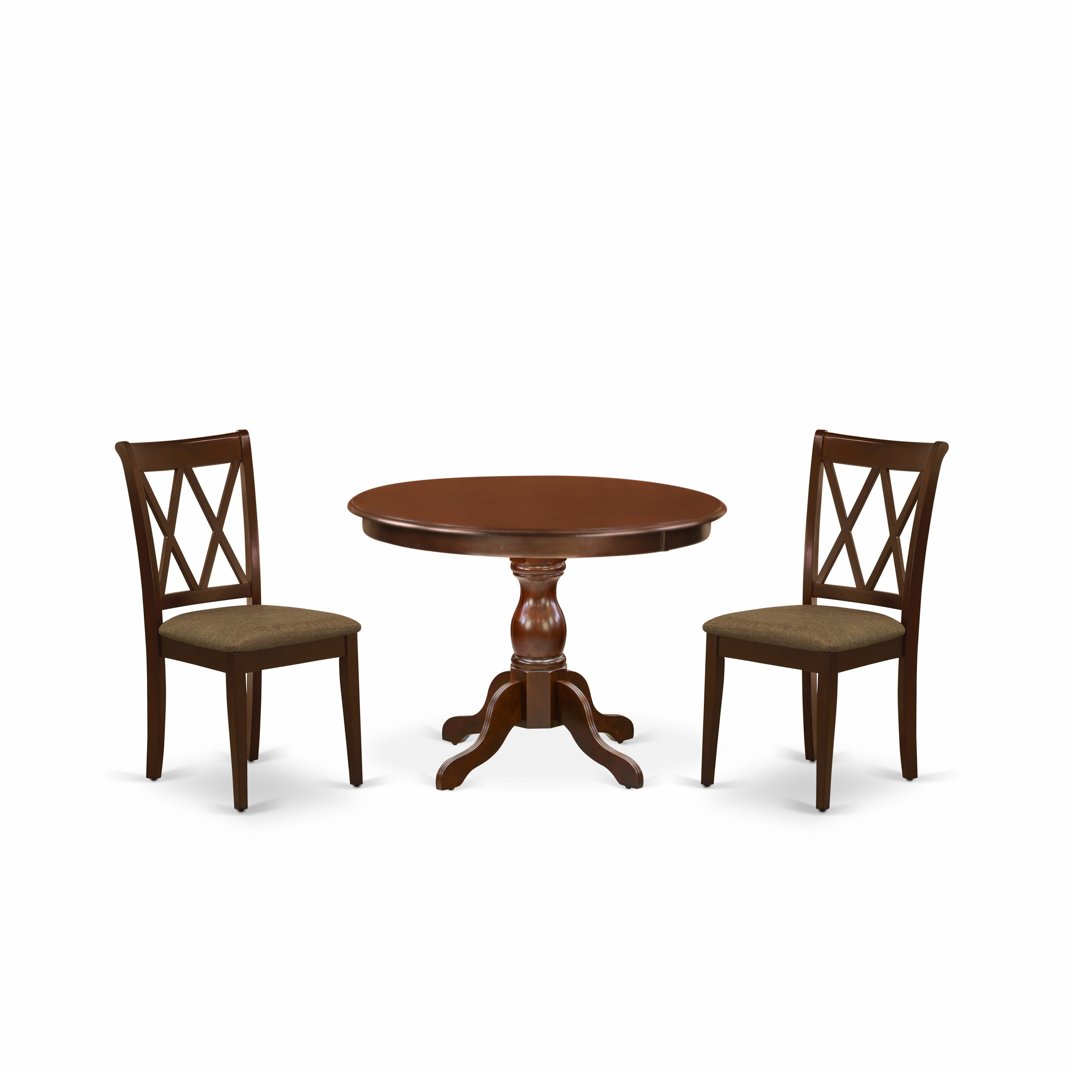 Juego de comedor de 3 piezas East West Furniture HBCL3-MAH-C para espacios pequeños. Contiene una mesa de comedor redonda con pedestal y 2 sillas de comedor de tela de lino.
