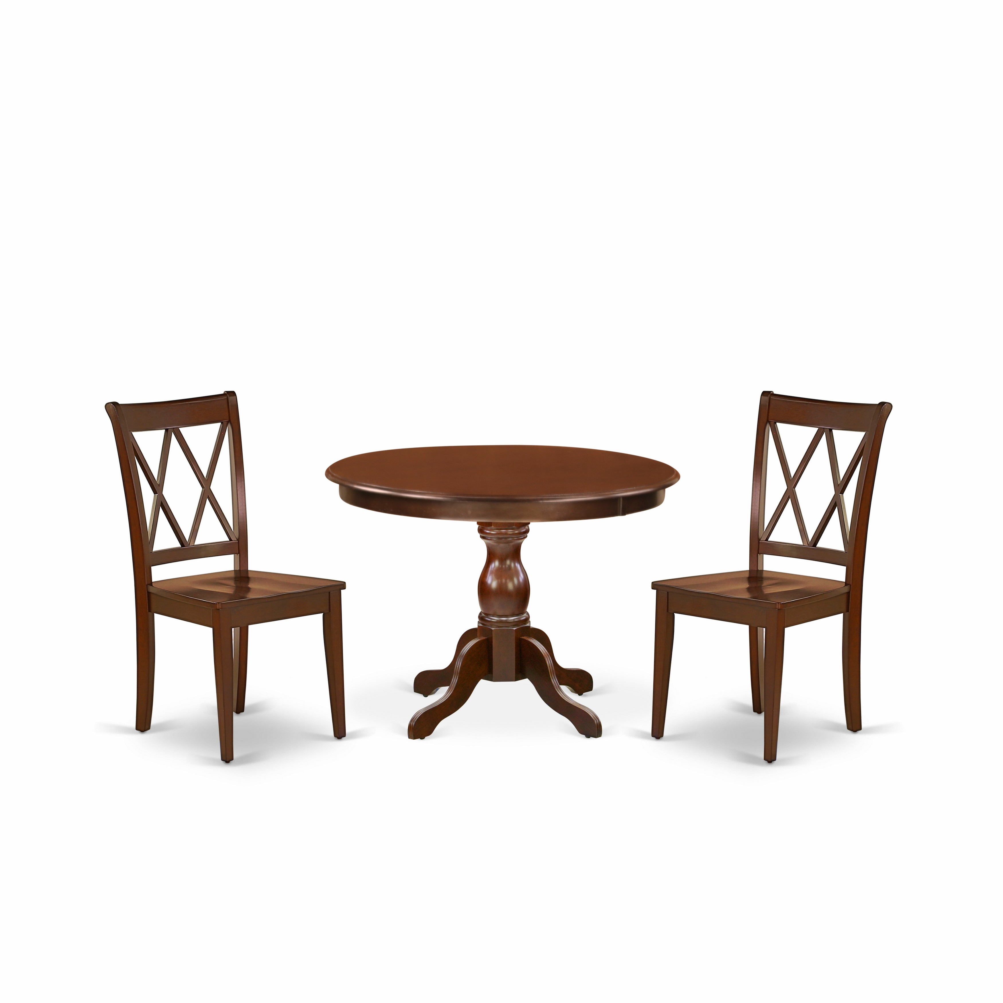 Juego de comedor de 3 piezas East West Furniture HBCL3-MAH-W para espacios pequeños. Contiene una mesa de comedor redonda con pedestal y 2 sillas de comedor.
