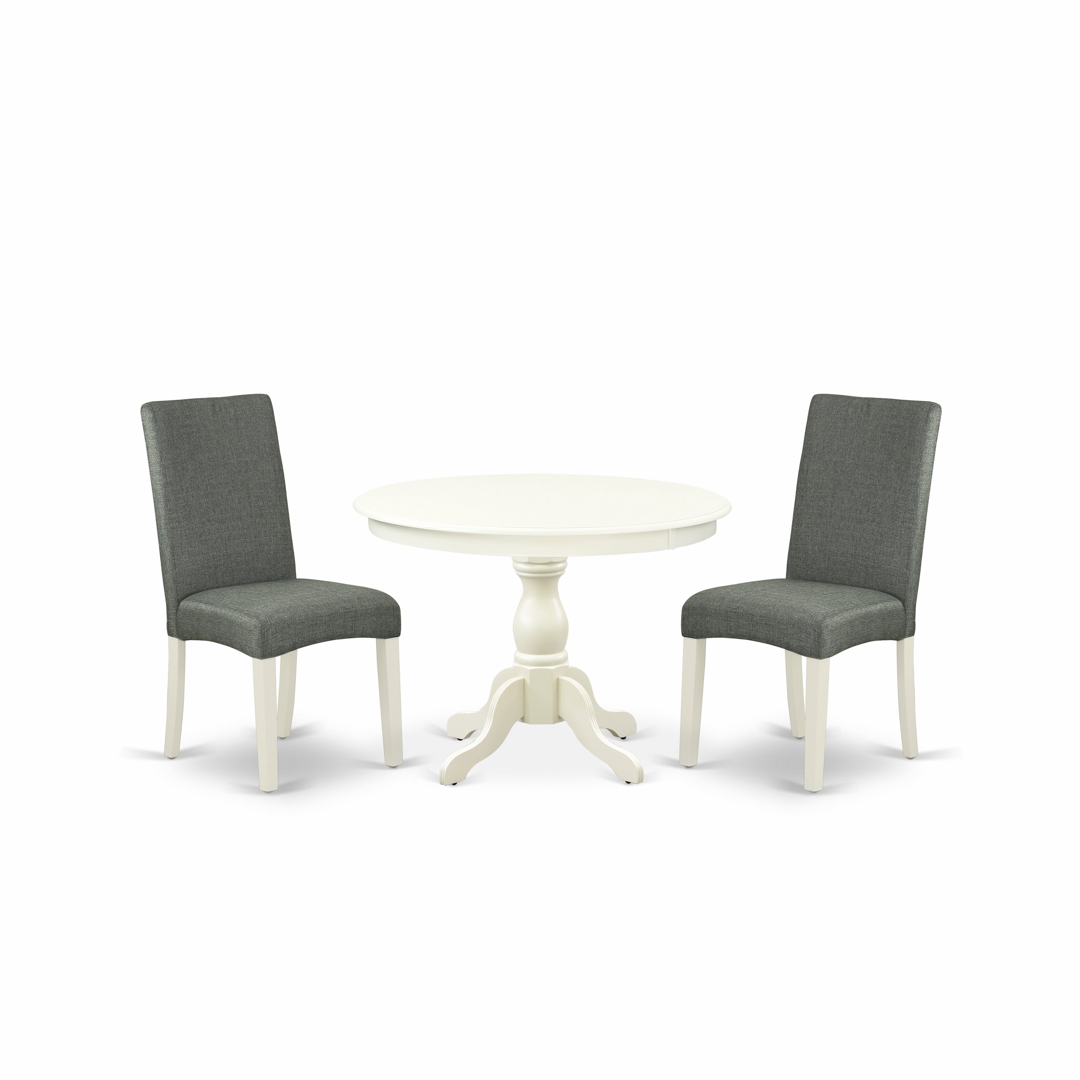 East West Furniture HBDR3-LWH-07 3 Piece Dining Table Set - linen white Small Kitchen Table and 2 Grey Linen Fabric Chairs for Dining Room with High Back - linen white Finish