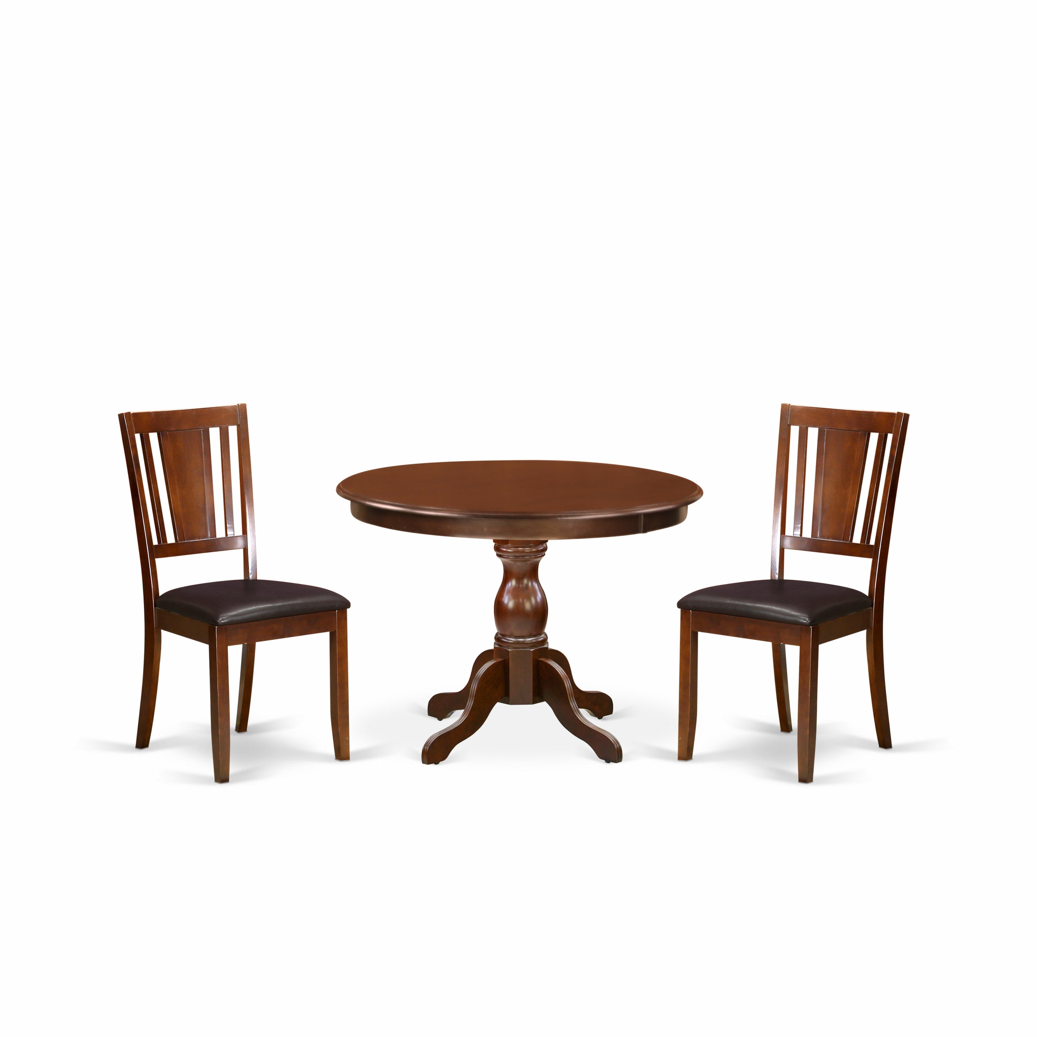 East West Furniture HBDU3-MAH-C 3 Piece Kitchen Table Set - Mahogany Dining Room Table and 2 Mahogany faux Leather Comfortable Chairs with Panel Back - Mahogany Finish