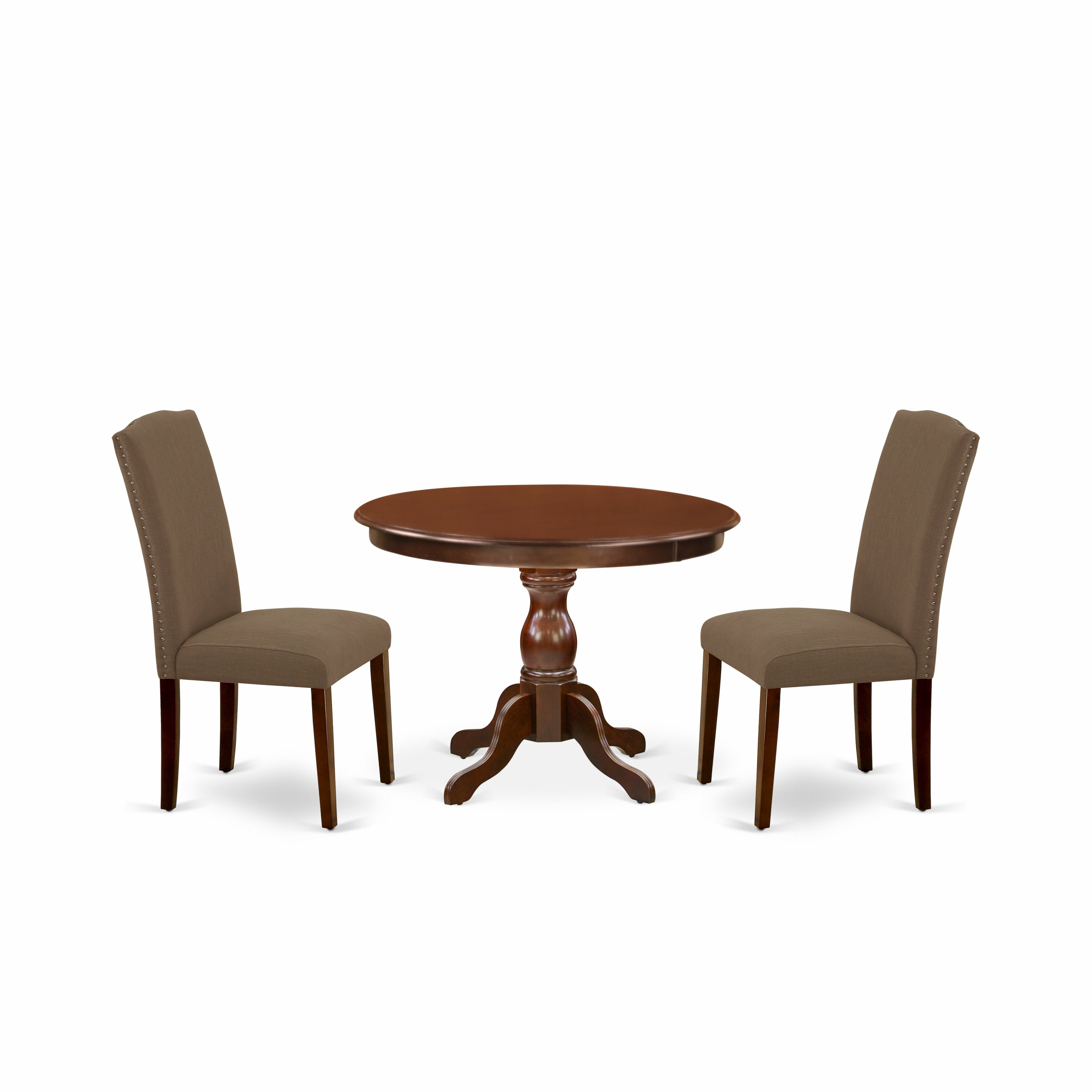 East West Furniture HBEN3-MAH-18 3 Piece Dining Table Set - Mahogany Dining Table and 2 Dark Coffee Linen Fabric Upholstered Dining Chairs High Back with Nail Heads - Mahogany Finish