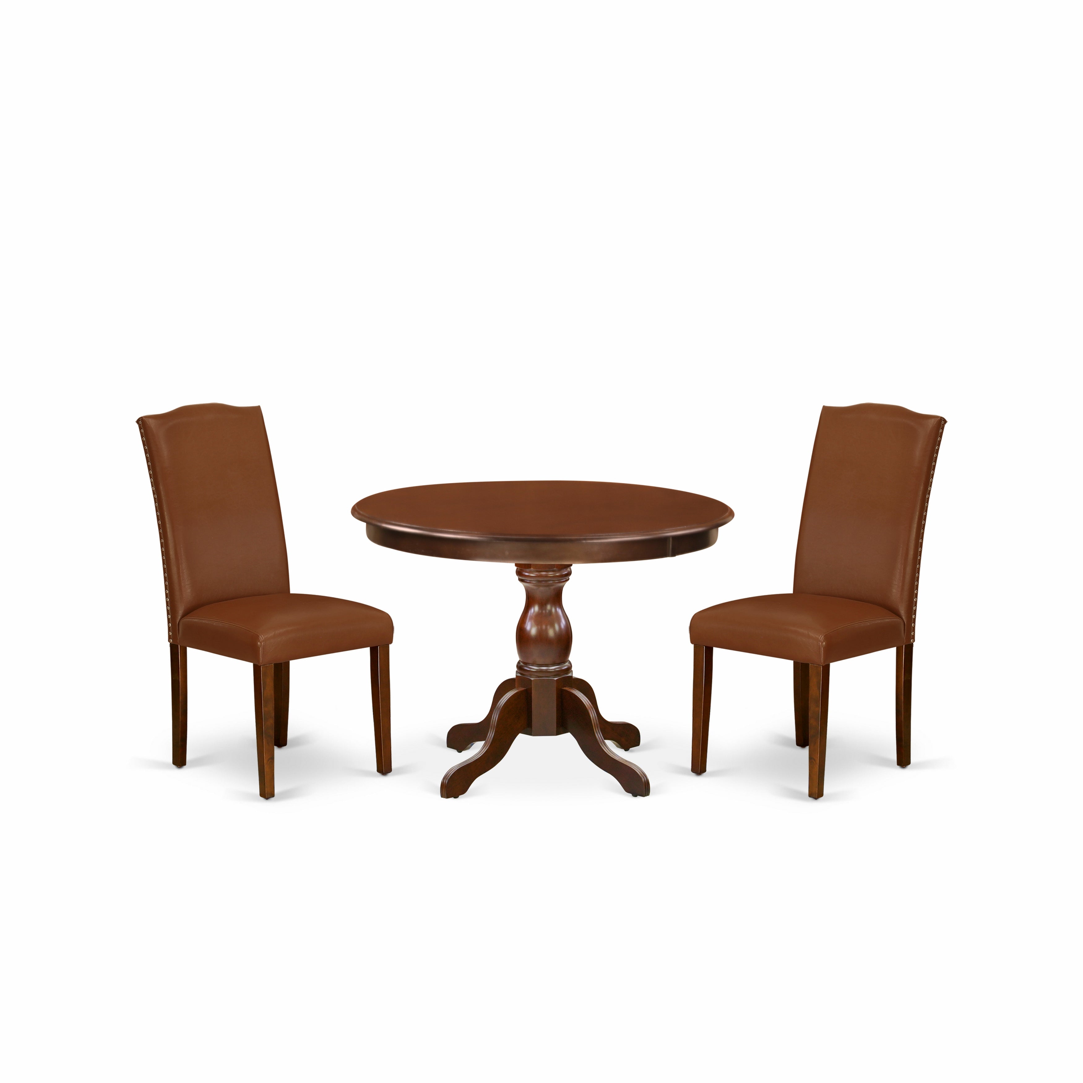 Juego de mesa de comedor de 3 piezas HBEN3-MAH-66 de East West Furniture. Incluye una mesa de cocina redonda con pedestal y dos sillas de comedor Parsons de piel sintética marrón.