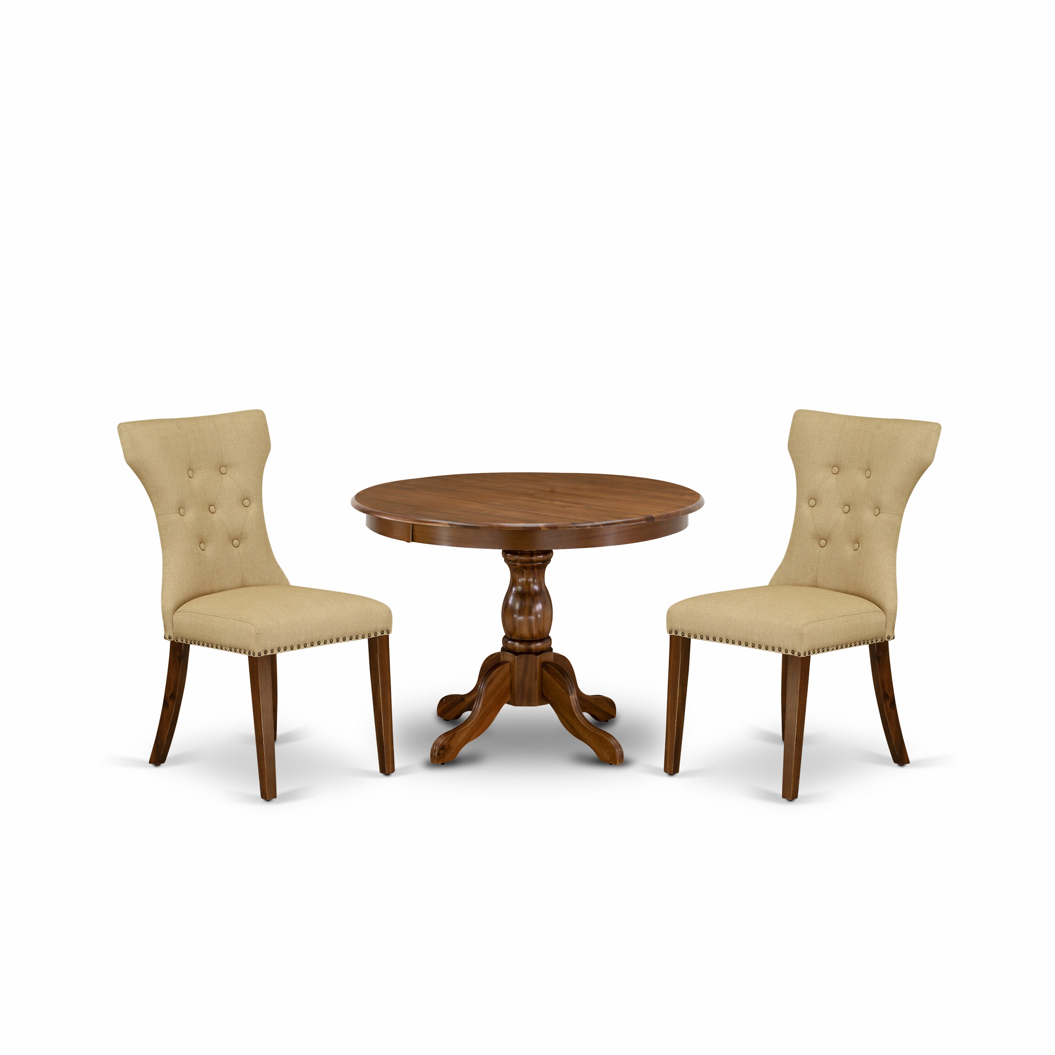 East West Furniture HBGA3-AWA-03 3 Piece Kitchen Set - Acacia Walnut Breakfast Table and 2 Brown Linen Fabric Kitchen & Dining Room Chairs Button Tufted Back with Nail Heads - Acacia Walnut Finish
