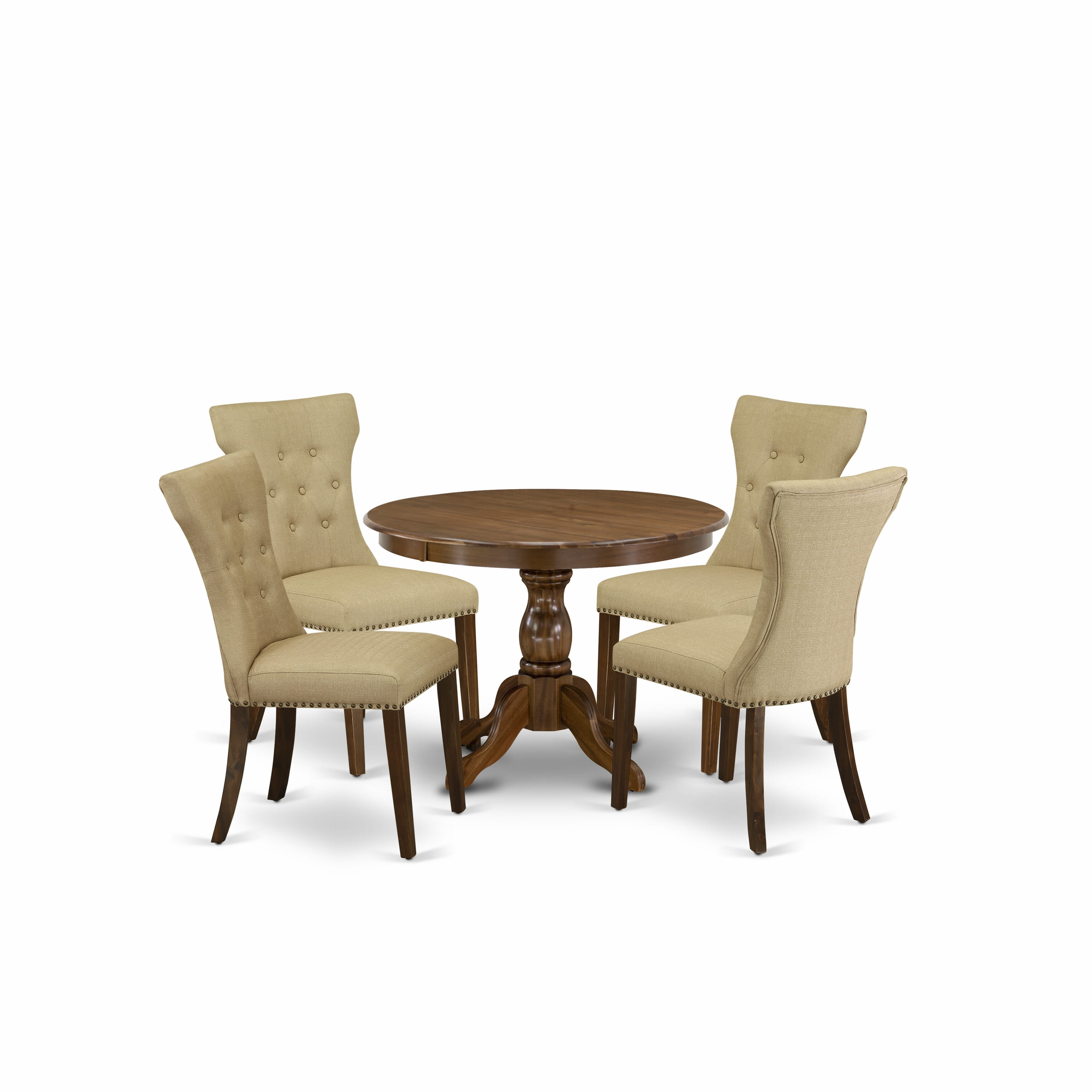 East West Furniture HBGA5-AWA-03 5 Piece Dining Table Set - Acacia Walnut Breakfast Table and 4 Brown Linen Fabric Modern Dining Chairs Button Tufted Back with Nail Heads - Acacia Walnut Finish