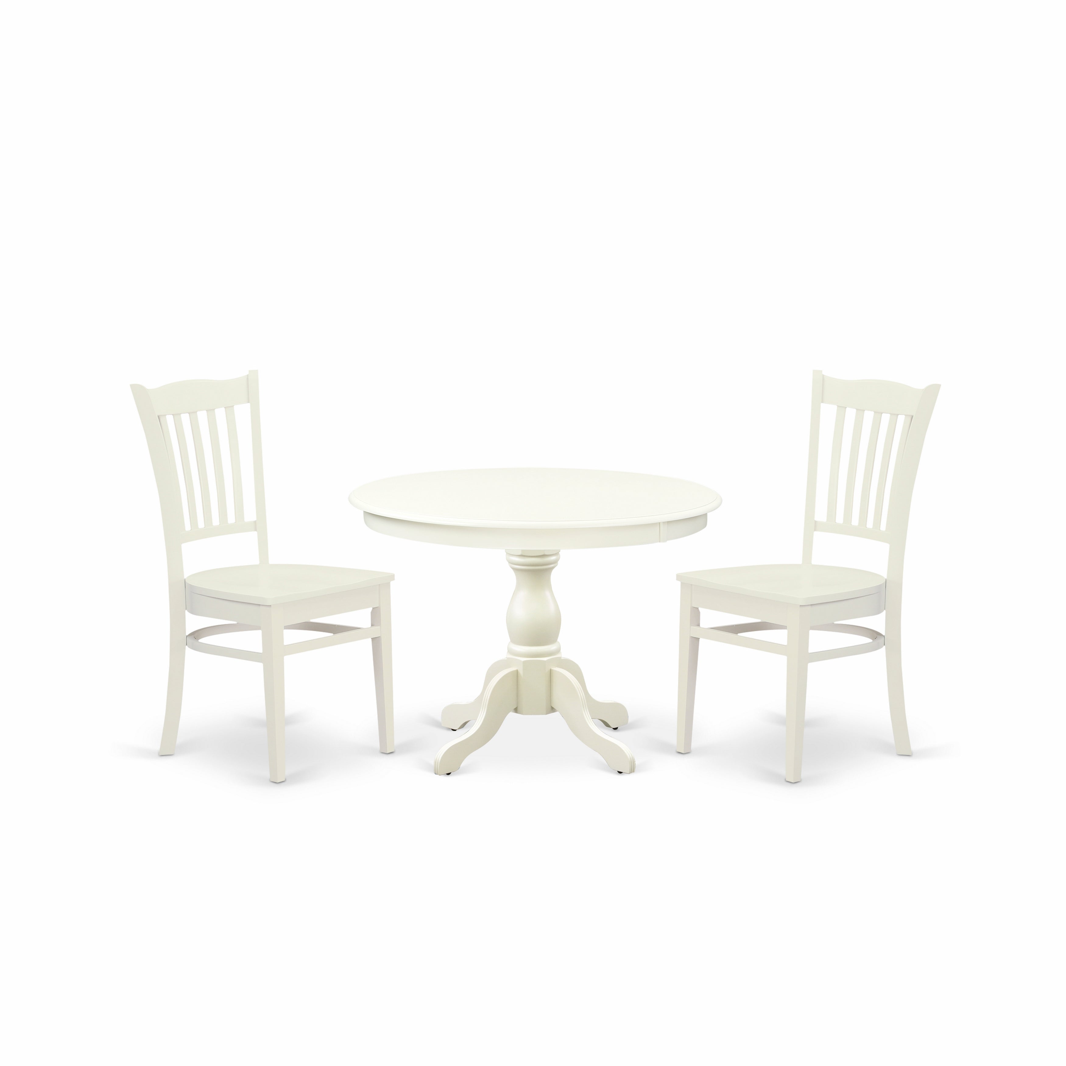 East West Furniture HBGR3-LWH-W 3 Piece Table Set - linen white Round Dining Table and 2 linen white Kitchen Chairs with Slatted Back - linen white Finish