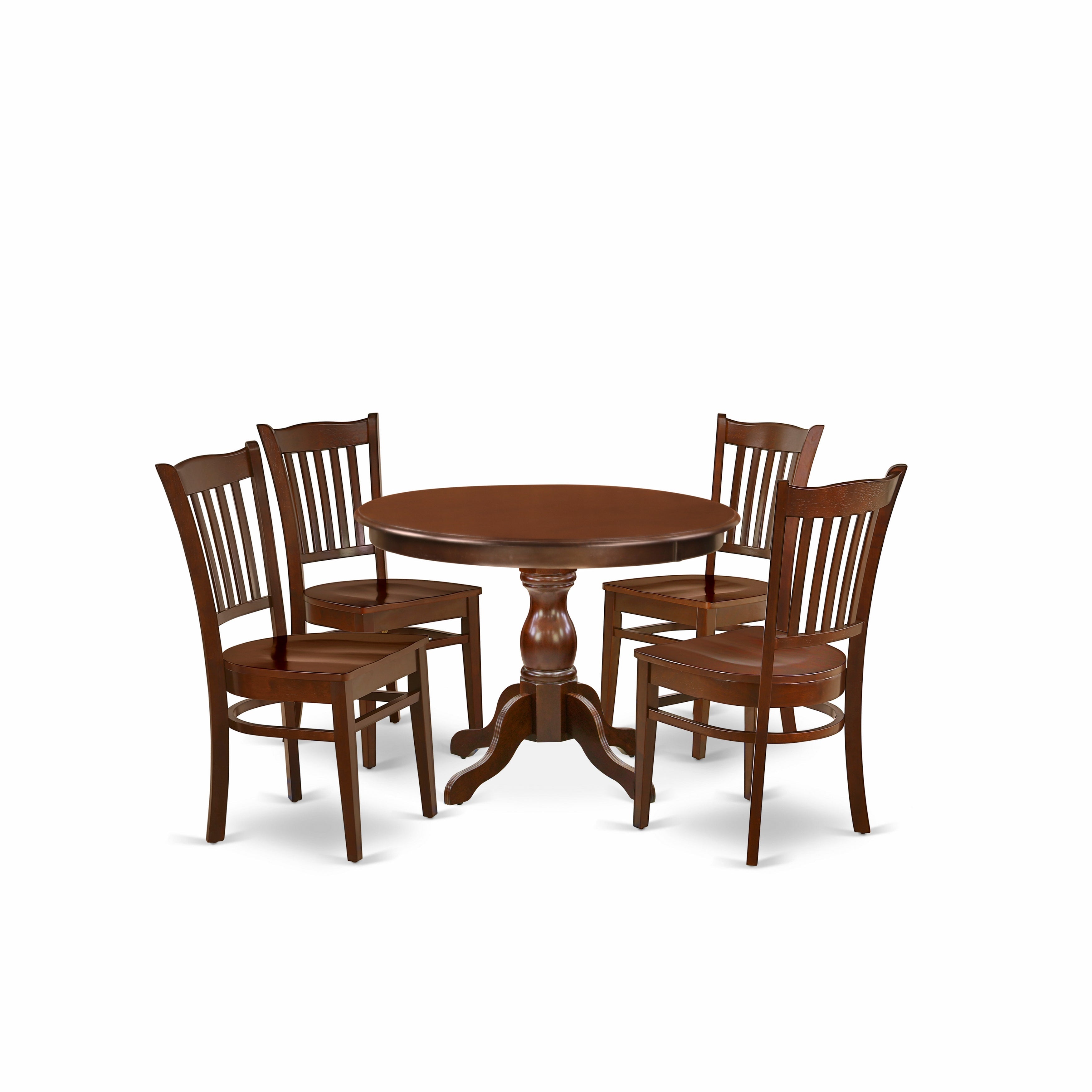 Juego de mesa de comedor East West Furniture HBGR5-MAH-W de 5 piezas para 4 personas. Incluye una mesa de cocina redonda con pedestal y 4 sillas de comedor.