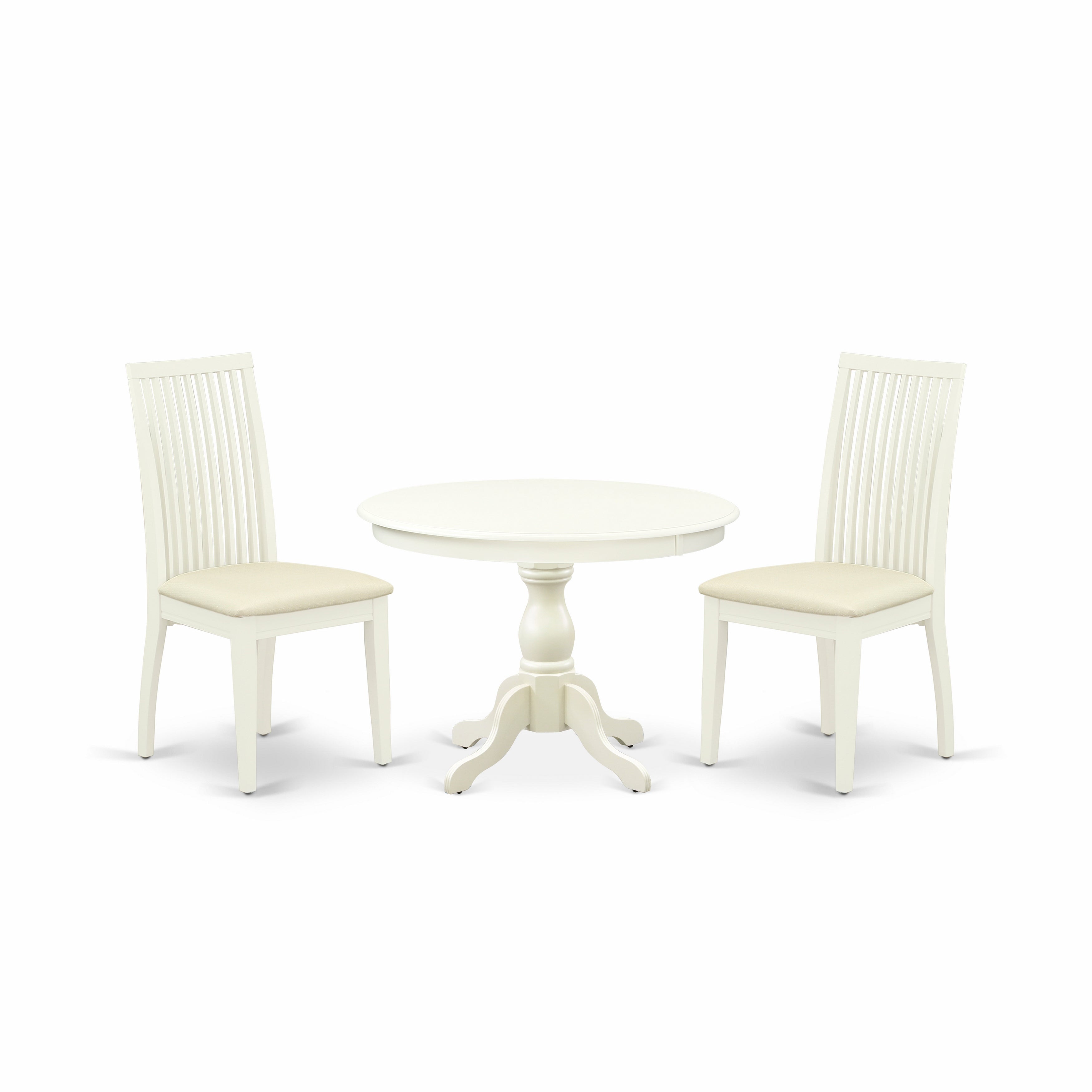 East West Furniture HBIP3-LWH-C 3 Piece Kitchen Dining Table Set - linen white Round Dining Table with 2 linen white Dining Room Chairs with Slatted Back - linen white Finish