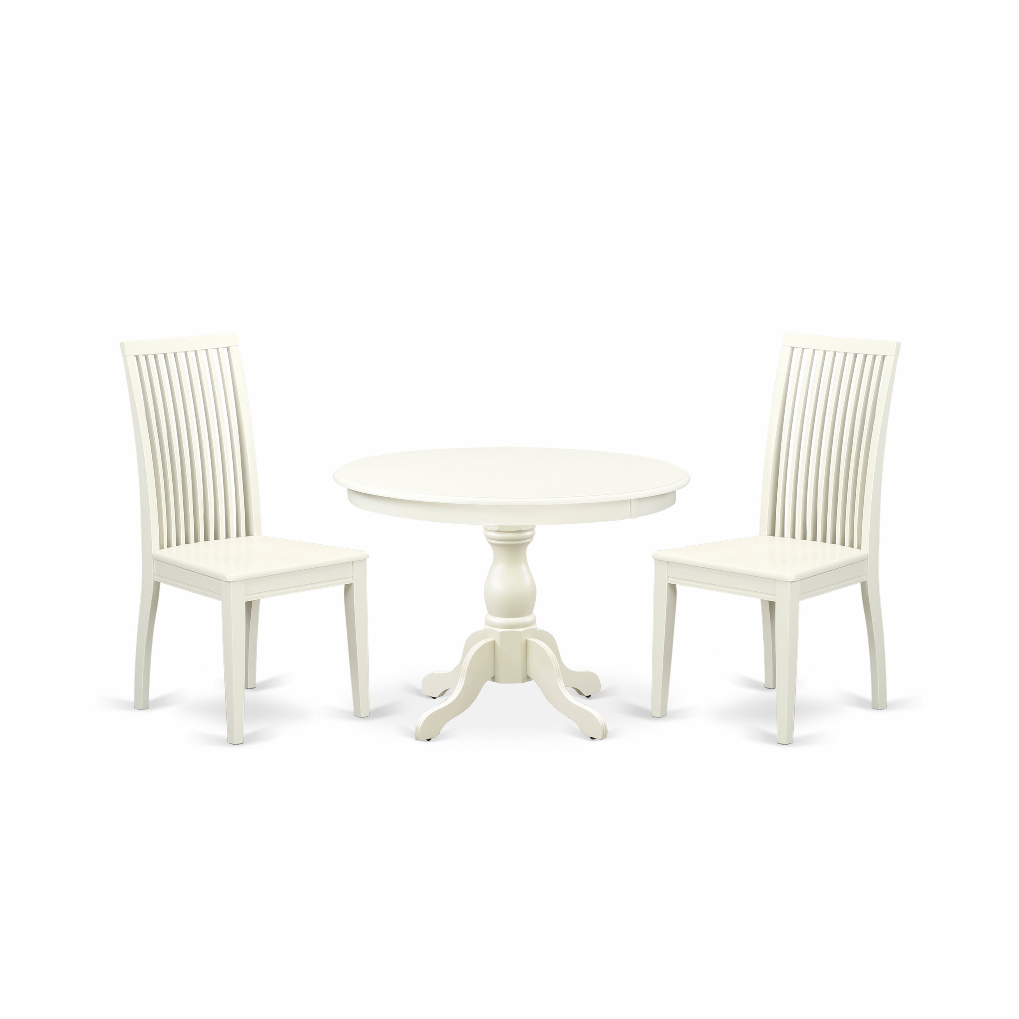 East West Furniture HBIP3-LWH-W 3 Piece Kitchen Table Set - linen white Wood Dining Table and 2 linen white Wooden Dining Chairs with Slatted Back - linen white Finish
