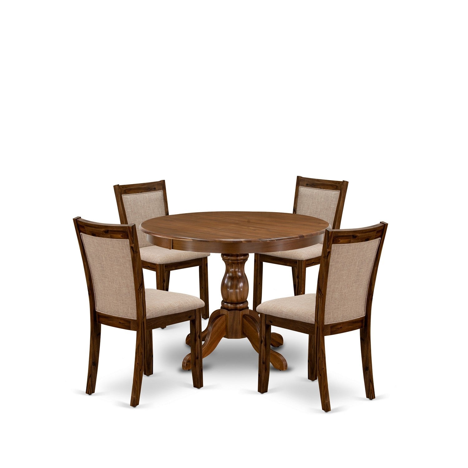 Juego de mesa de comedor de 5 piezas East West Furniture HBMZ5-AWN-04 para 4 personas. Incluye una mesa de cocina redonda con pedestal y 4 sillas de comedor Parson de tela de lino color tostado claro.