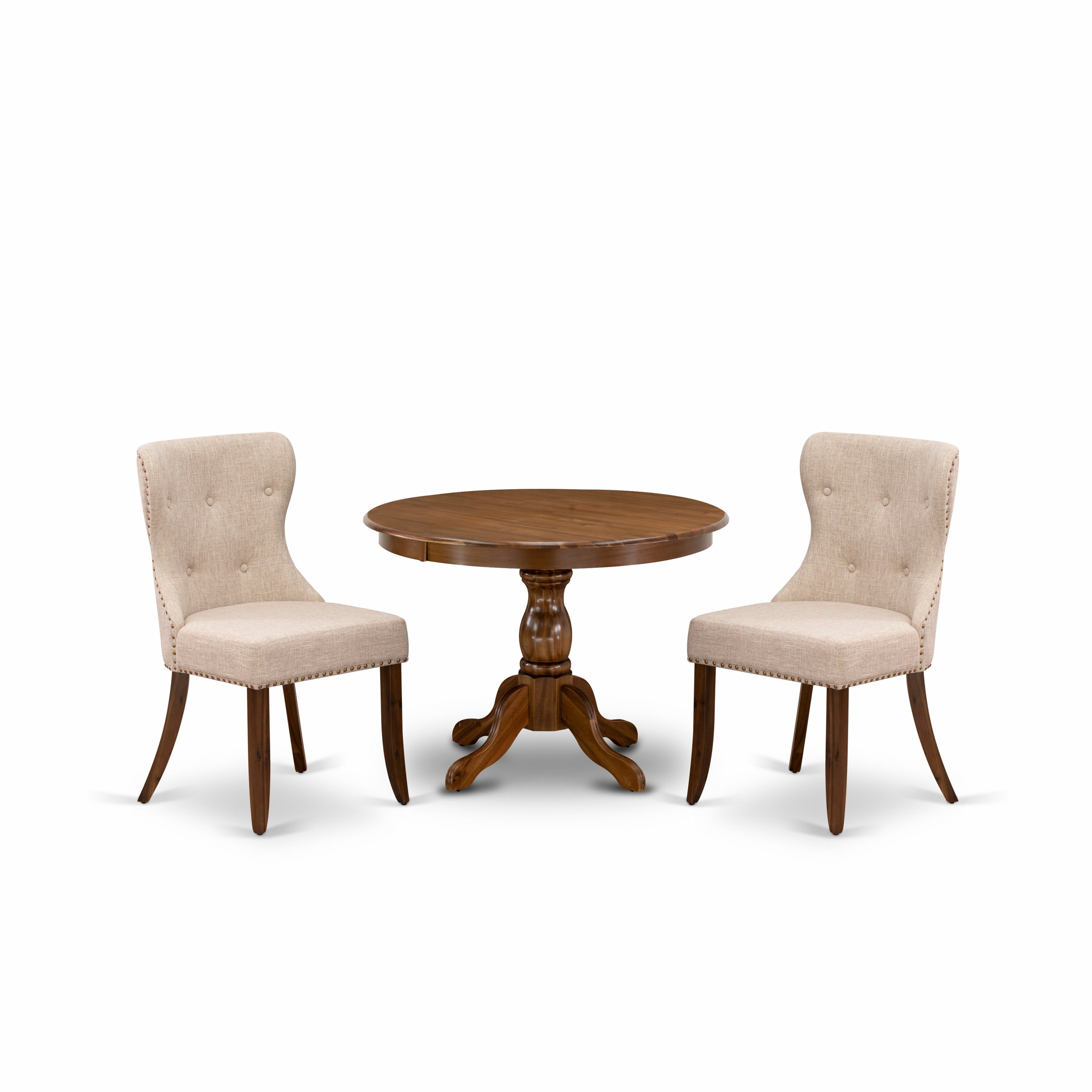 East West Furniture HBSI3-AWA-04 3 Piece Dining Table Set - Acacia Walnut Dining Table and 2 Light Tan Linen Fabric Dining Chairs Button Tufted Back with Nail Heads - Acacia Walnut Finish
