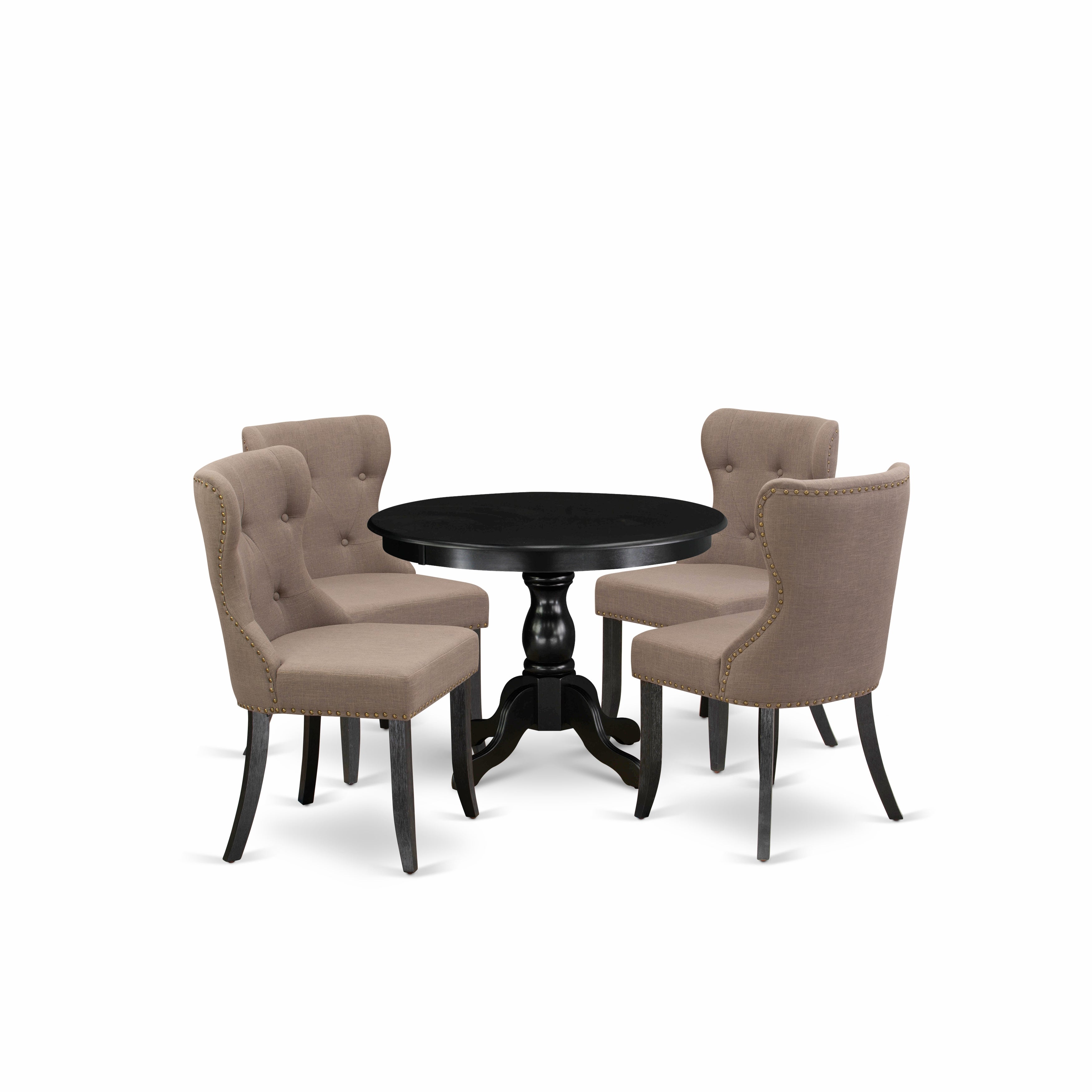 Juego de comedor de 5 piezas East West Furniture HBSI5-ABK-48. Incluye una mesa de comedor redonda con pedestal y 4 sillas tapizadas en tela de lino color café.