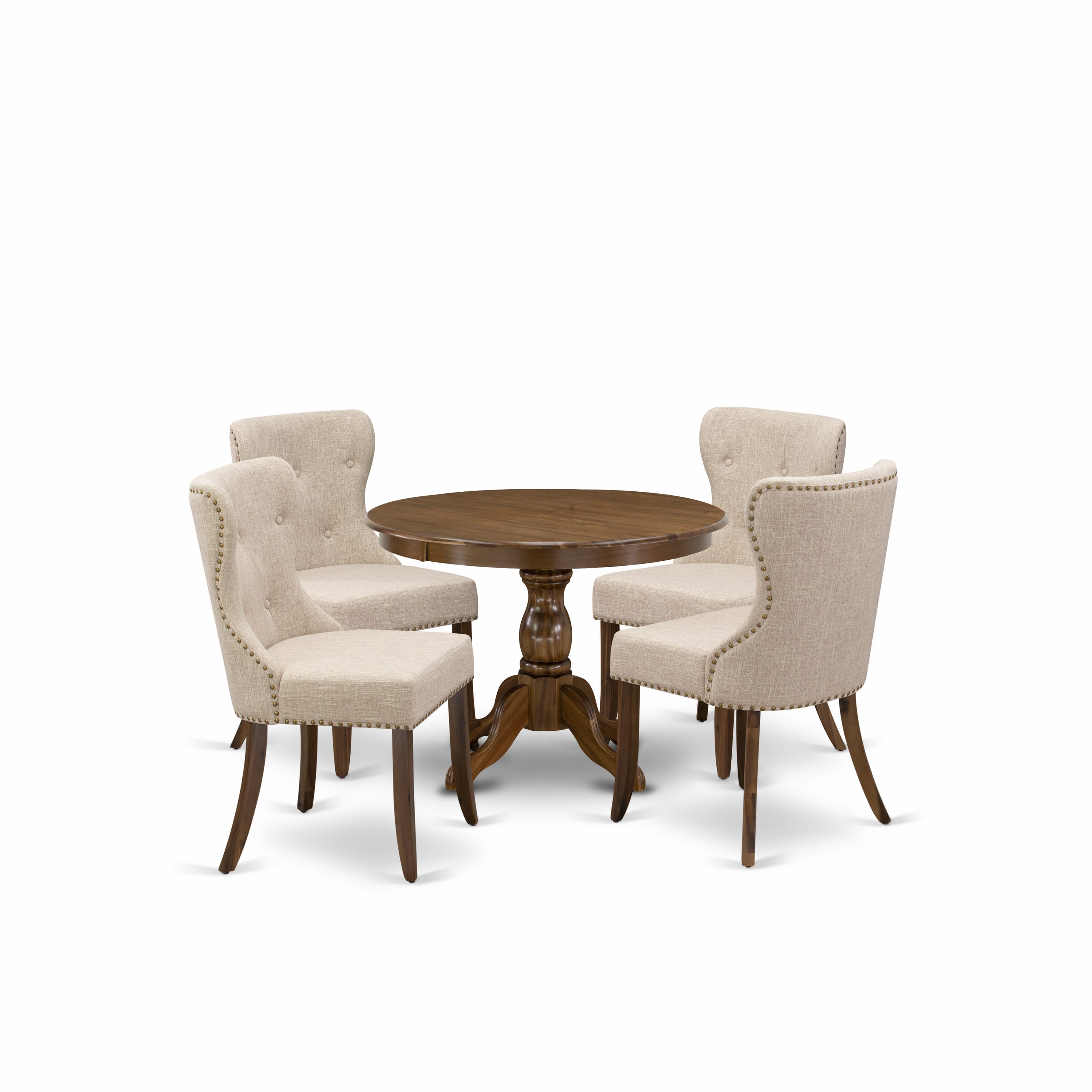 East West Furniture HBSI5-AWA-04 5 Piece Dining Set - Acacia Walnut Dinning Table and 4 Light Tan Linen Fabric Dining Chairs Button Tufted Back with Nail Heads - Acacia Walnut Finish