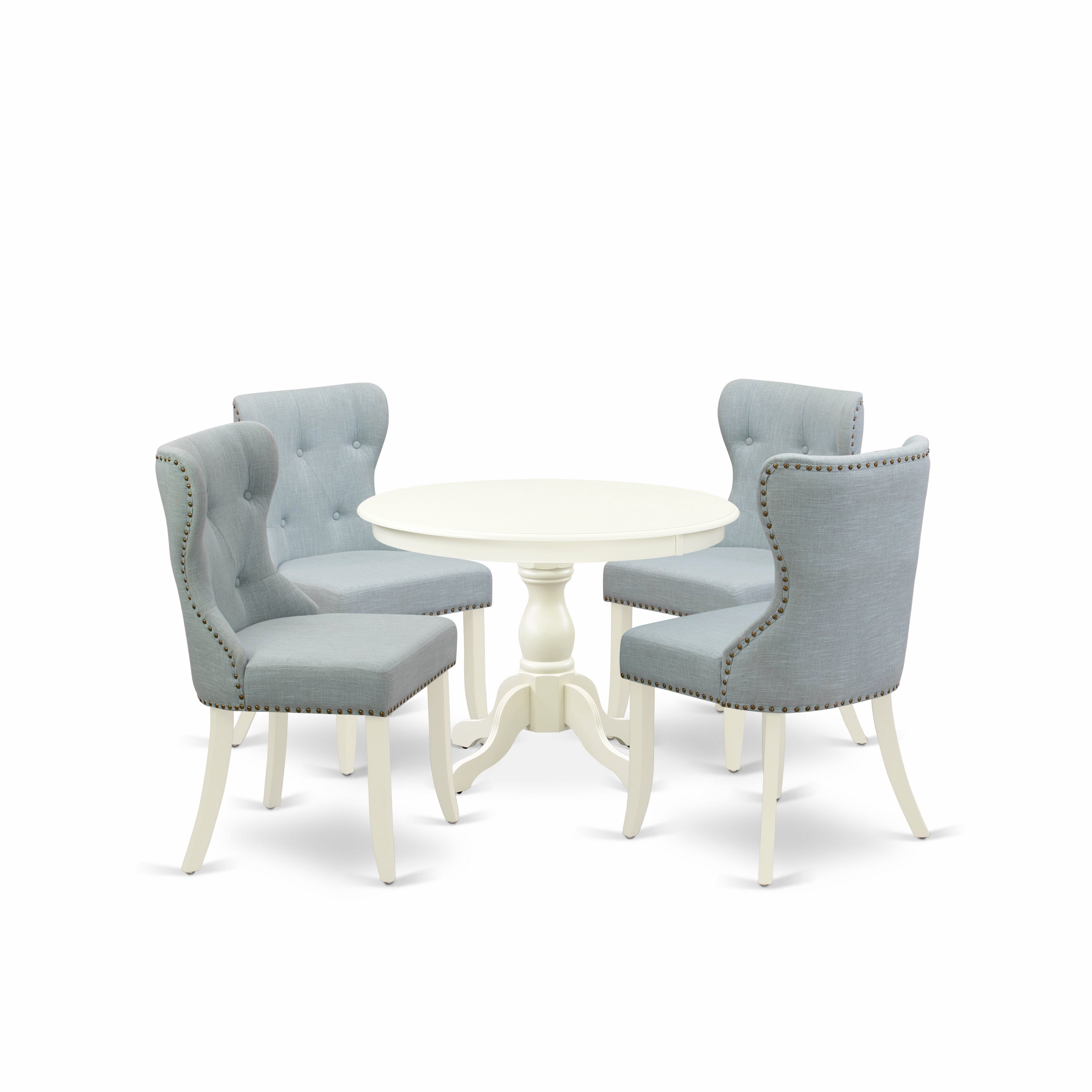 East West Furniture HBSI5-LWH-15 5 Piece Dining Room Table Set - linen white Dining Room Table and 4 Baby Blue Linen Fabric Modern Chairs Button Tufted Back with Nail Heads - linen white Finish