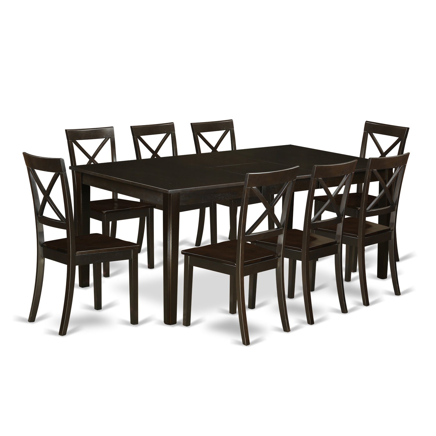 Juego de mesa de comedor East West Furniture HEBO9-CAP-W de 9 piezas. Incluye una mesa de comedor rectangular con pedestal y 8 sillas con asiento de madera.