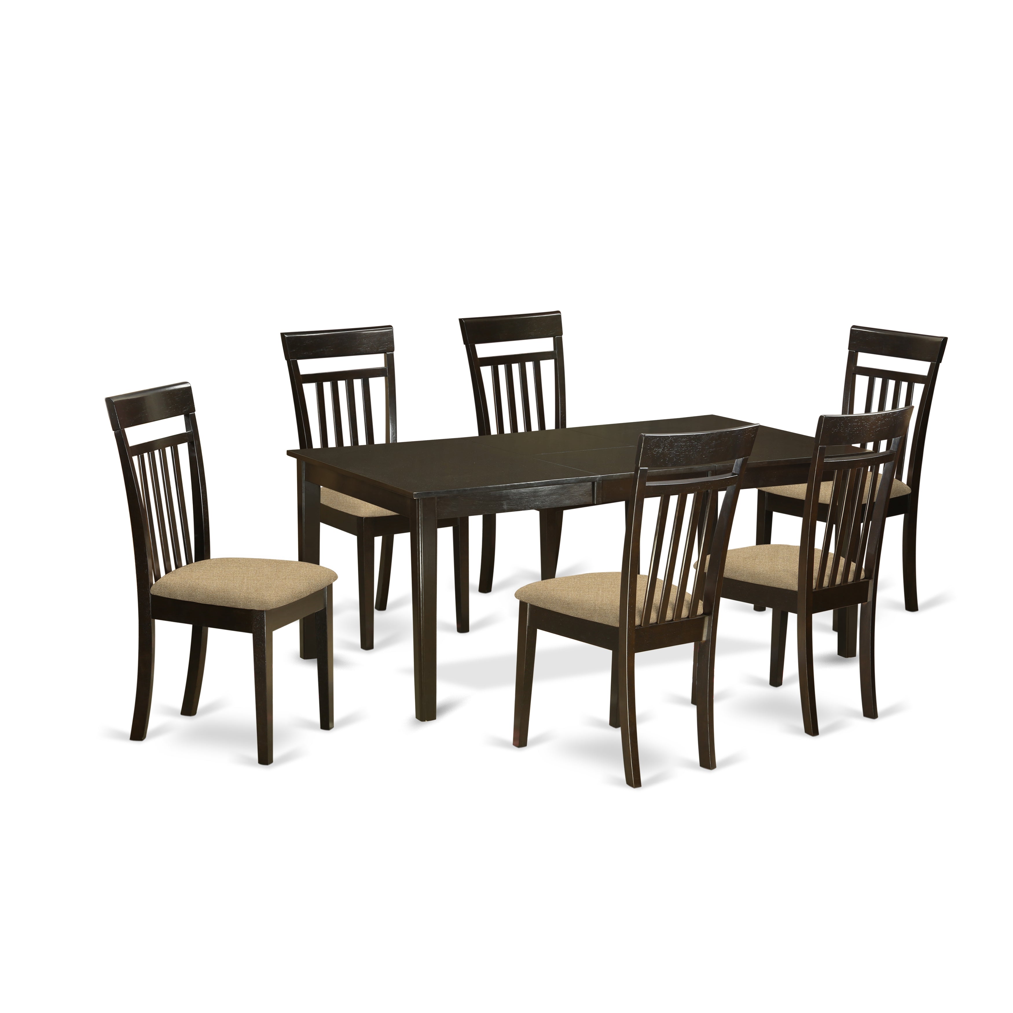 Juego de mesa de comedor moderna East West Furniture HECA7-CAP-C de 7 piezas compuesto por una mesa rectangular de madera con pedestal y 6 sillas de comedor de tela de lino.