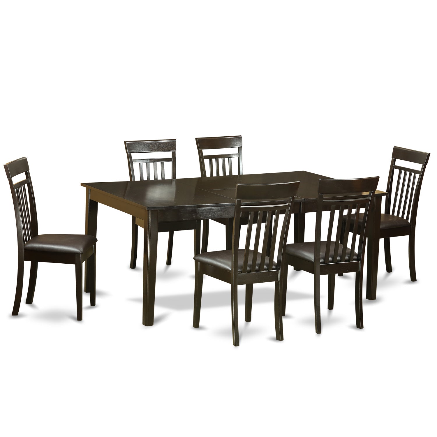 Juego de mesa de comedor East West Furniture HECA7-CAP-LC de 7 piezas compuesto por una mesa de cocina rectangular con pedestal y 6 sillas de comedor tapizadas en piel sintética.