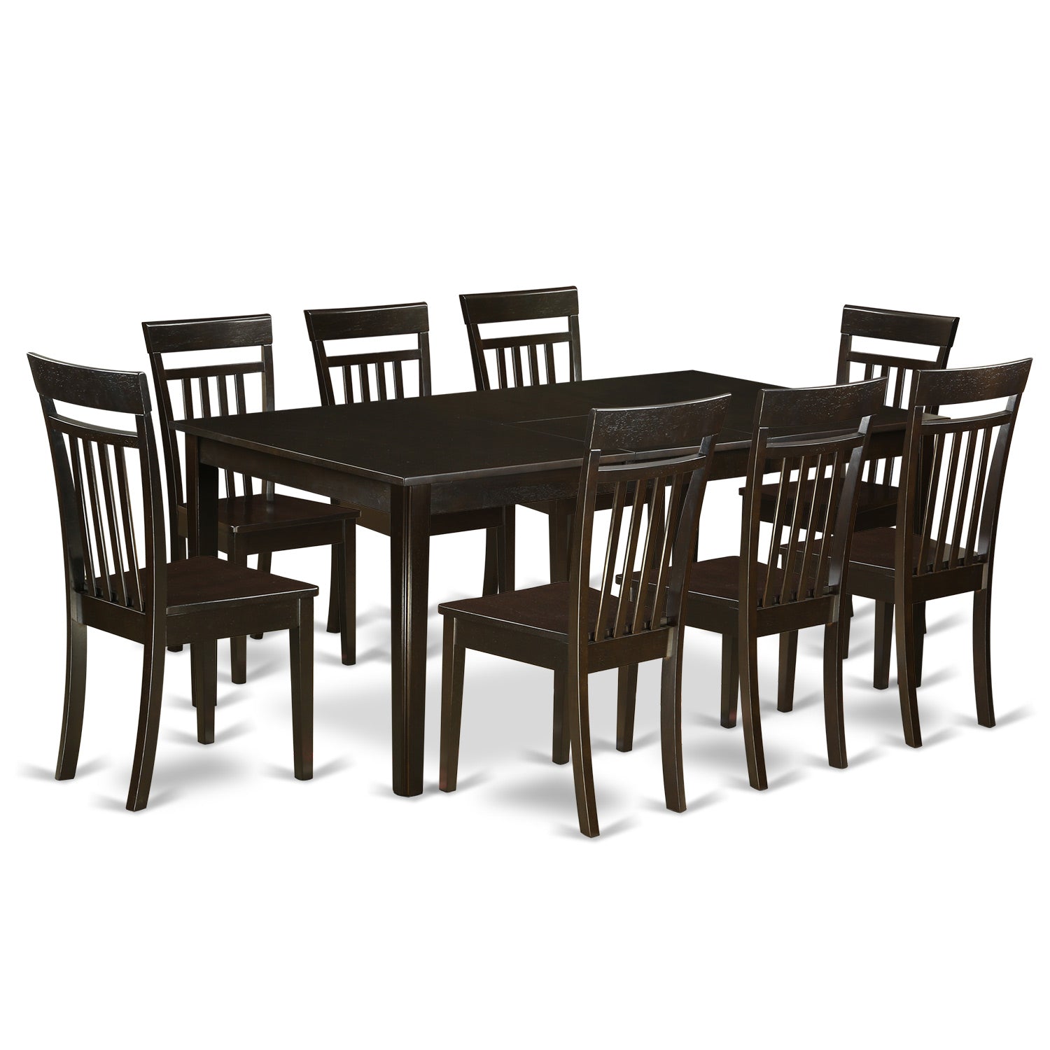 Juego de mesa de cocina East West Furniture HECA9-CAP-W de 9 piezas que incluye una mesa de comedor rectangular con pedestal y 8 sillas de comedor.