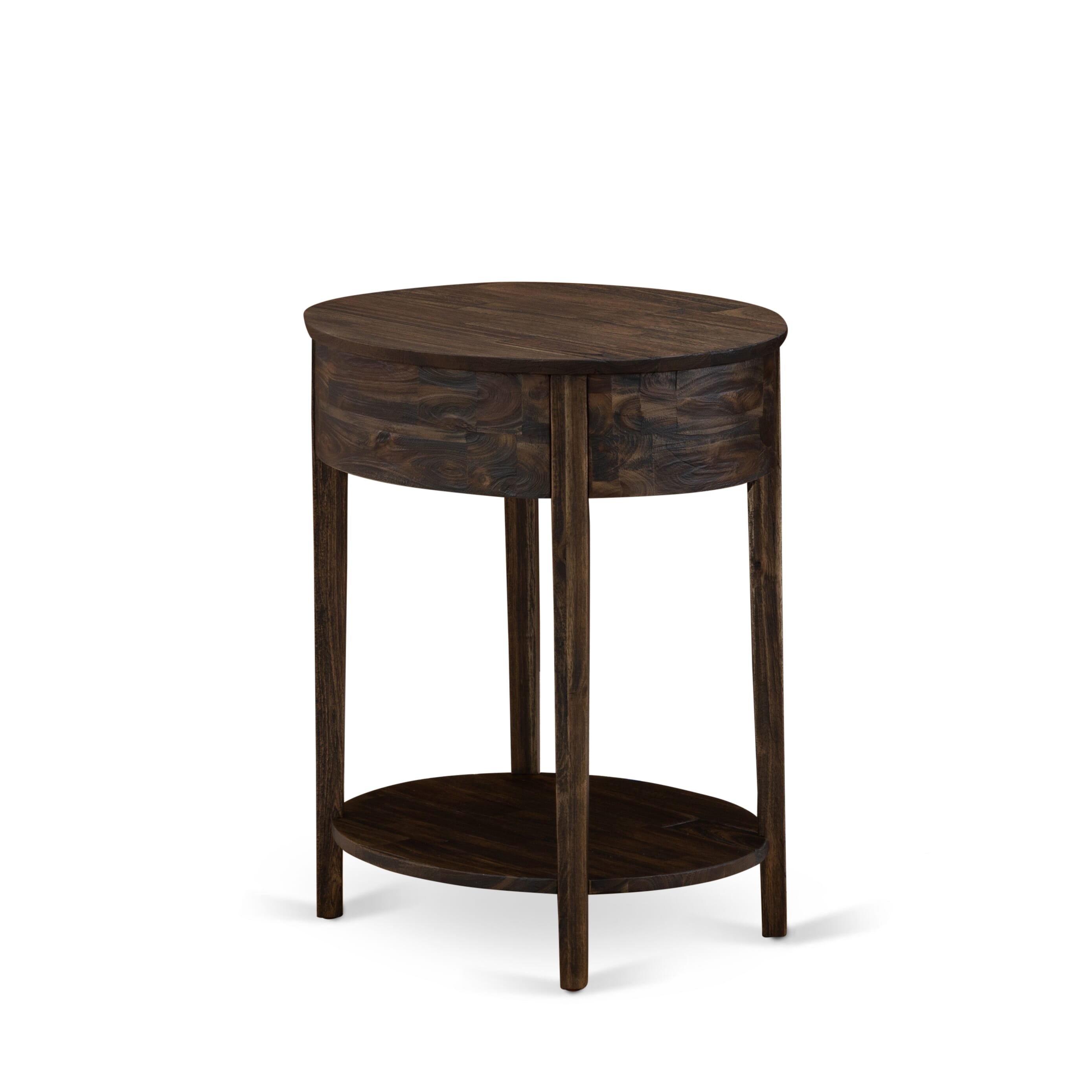 Juego de cama de dos piezas tamaño king East West Furniture GB25K-1HI07 con estructura capitoné y mesa auxiliar de estilo jacobino envejecido para dormitorio. Piel sintética marrón oscuro con textura negra y patas negras.