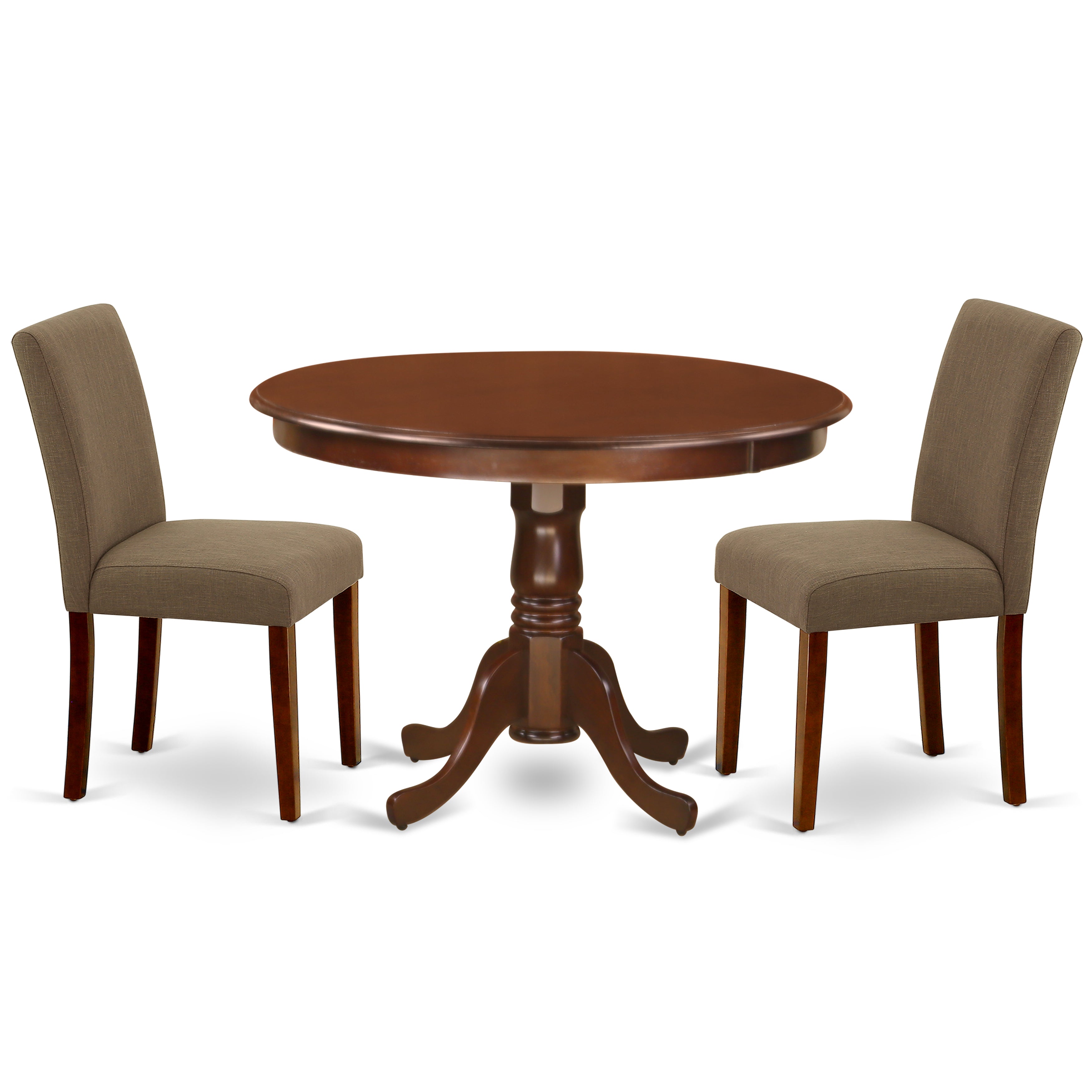 Juego de mesa y sillas de cocina de 3 piezas East West Furniture HLAB3-MAH-18. Incluye una mesa de comedor redonda con pedestal y dos sillas de comedor Parson de tela de lino color café.