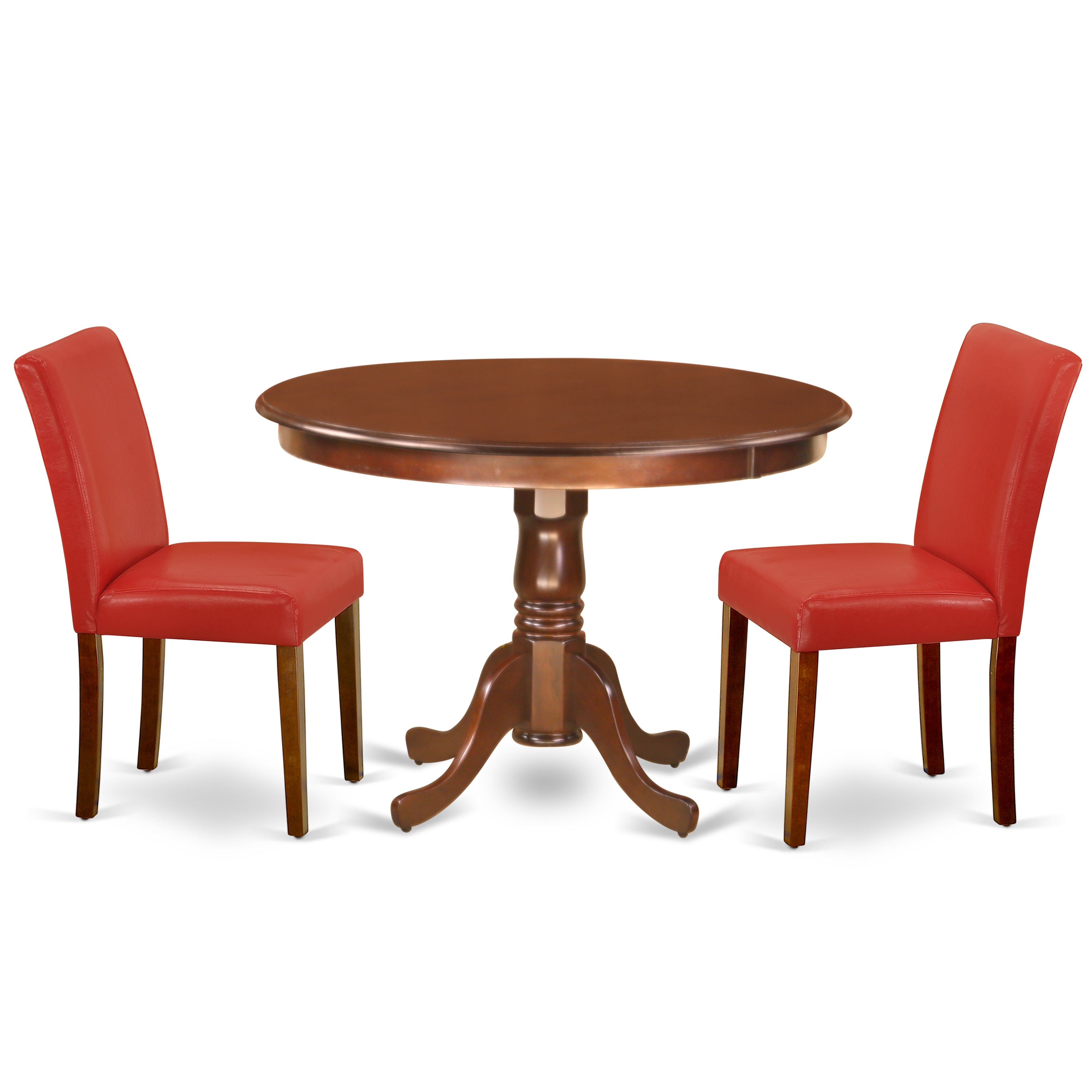 El juego de mesa de comedor de 3 piezas East West Furniture HLAB3-MAH-72 incluye una mesa de cocina redonda con pedestal y dos sillas de comedor Parsons de cuero sintético rojo ladrillo refractario.