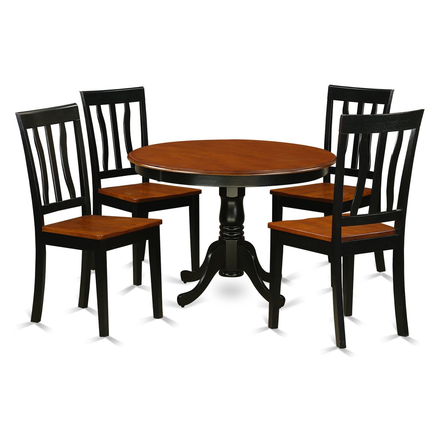 Juego de mesa de comedor de 5 piezas East West Furniture HLAN5-BCH-W para 4 personas. Incluye una mesa de cocina redonda con pedestal y 4 sillas de comedor.