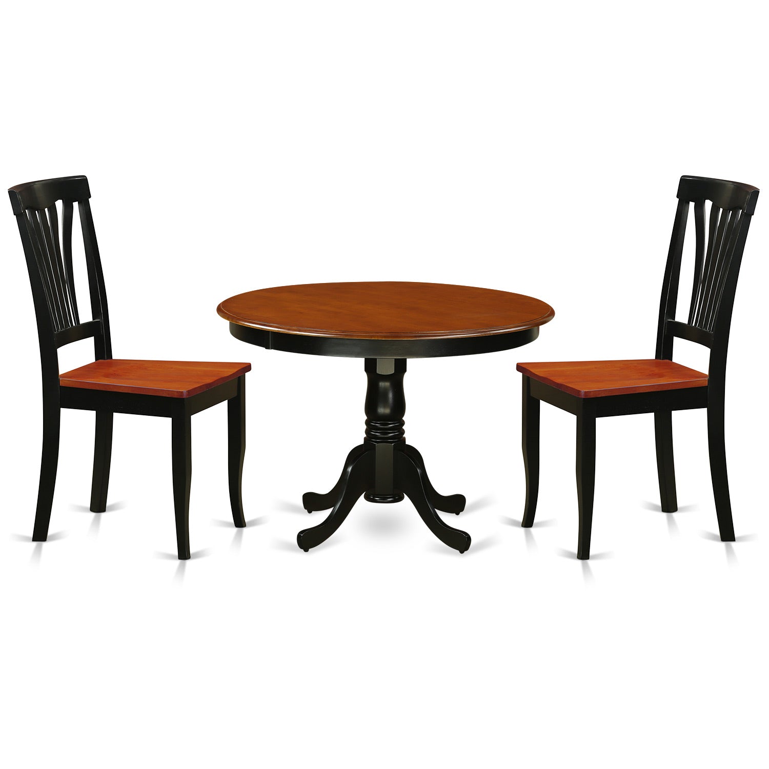 Juego de mesa y sillas de cocina de 3 piezas HLAV3-BCH-W de East West Furniture. Incluye una mesa de comedor redonda con pedestal y 2 sillas de comedor.