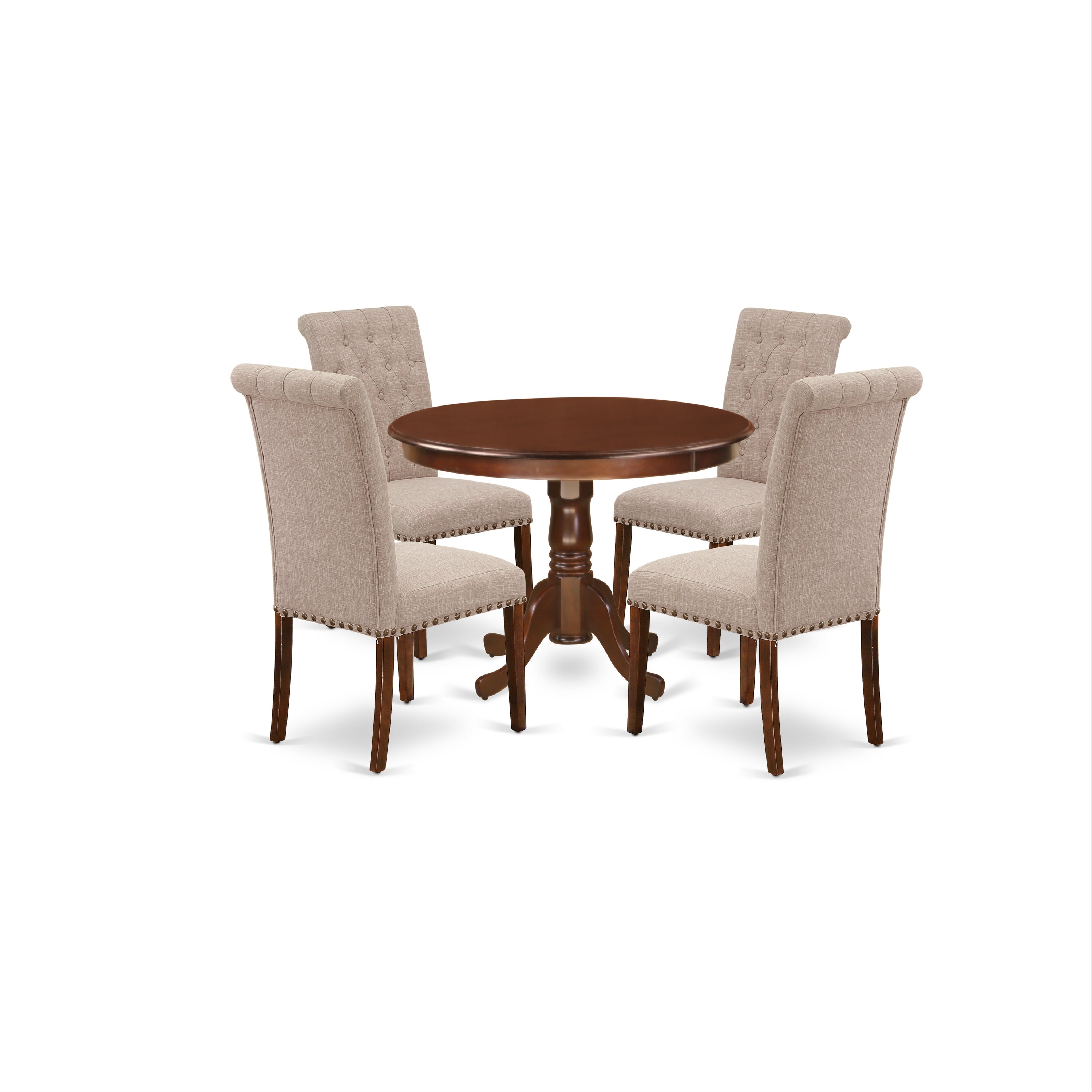 El juego de comedor de 5 piezas HLBR5-MAH-04 de East West Furniture incluye una mesa de comedor redonda con pedestal y 4 sillas Parson tapizadas en tela de lino color tostado claro.