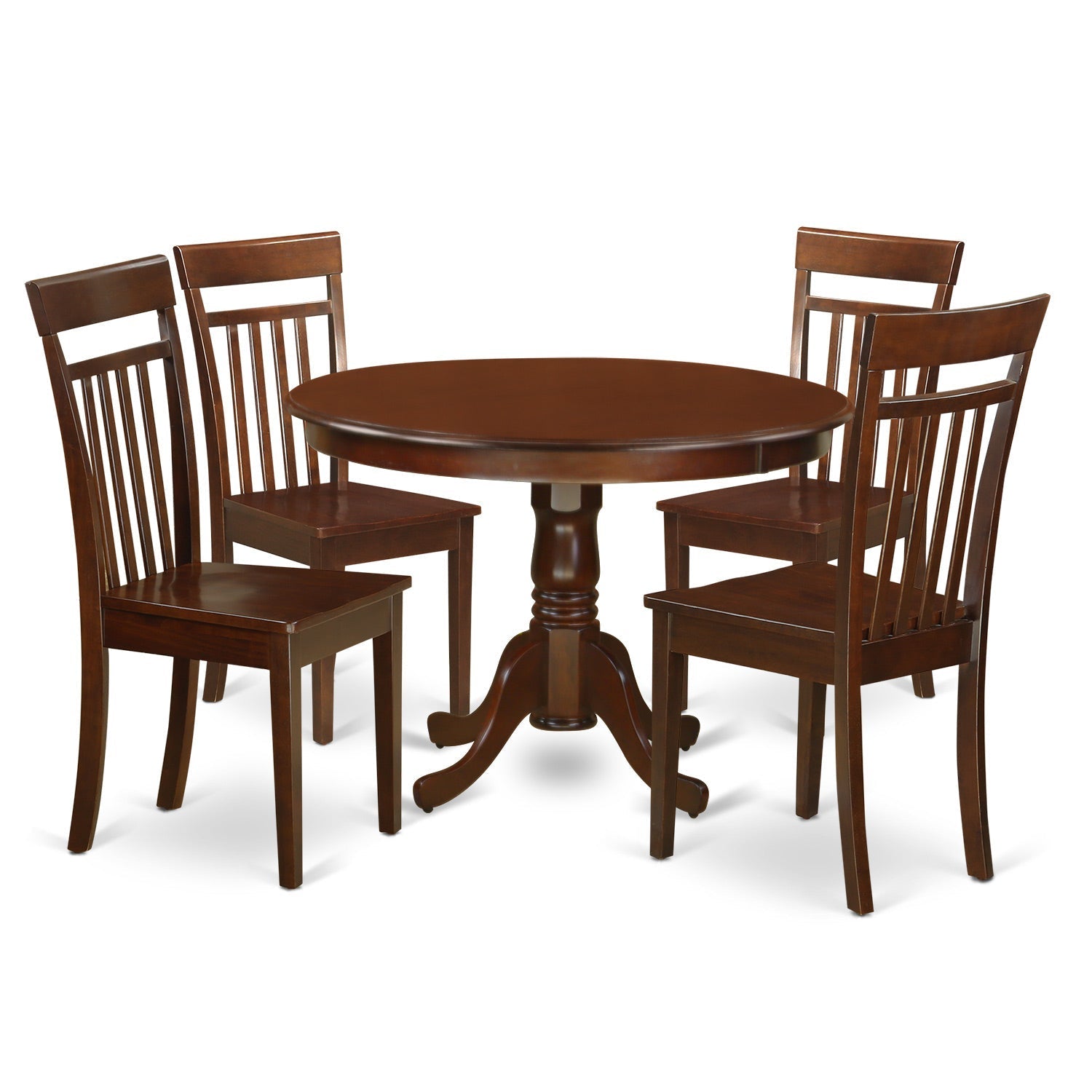 Juego de mesa de comedor de 5 piezas East West Furniture HLCA5-MAH-W. Incluye una mesa de comedor redonda con pedestal y 4 sillas con asiento de madera.