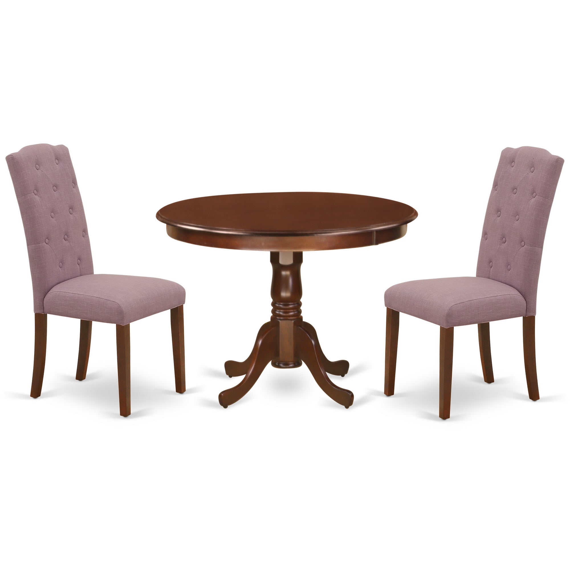 Juego de comedor de 3 piezas HLCE3-MAH-10 de East West Furniture. Incluye una mesa de comedor redonda con pedestal y dos sillas tapizadas en tela de lino Dahlia.