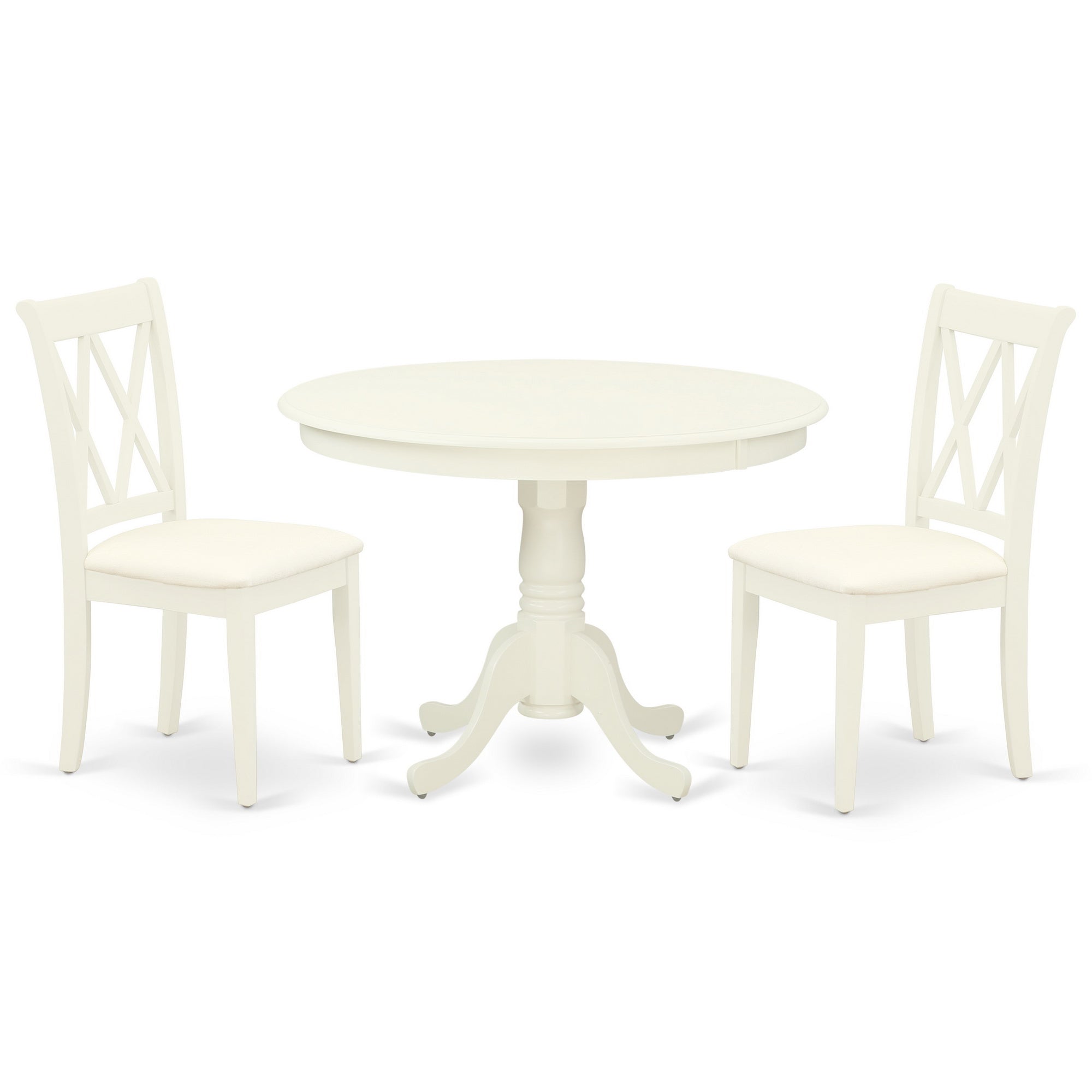 Juego de comedor de 3 piezas HLCL3-LWH-C de East West Furniture. Incluye una mesa de comedor redonda con pedestal y 2 sillas de cocina de tela de lino.