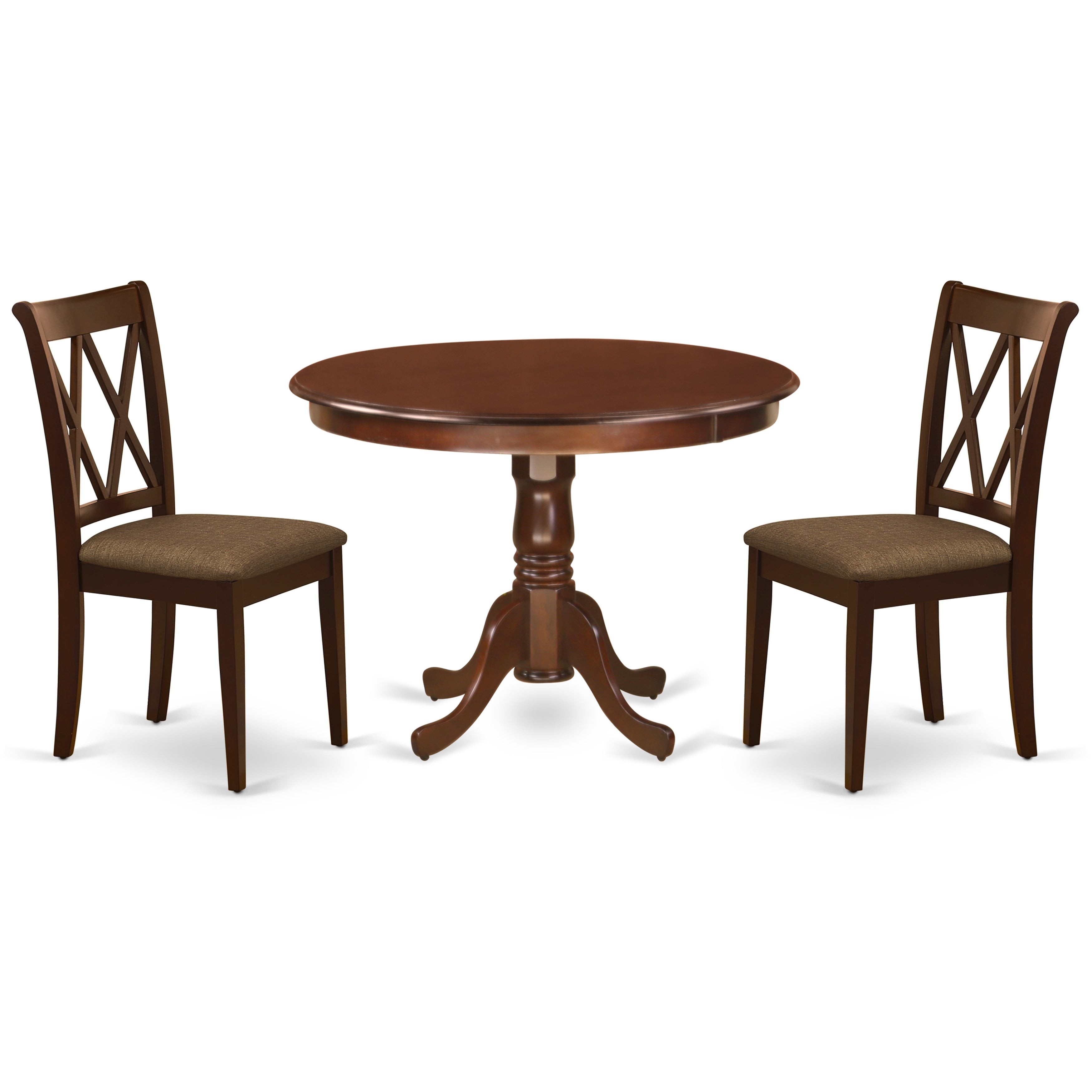 HLCL3-MAH-C 3Pc Dinette Set Includes a Rounded Kitchen Table and Two Double X Back Linen Seat Dining Chairs, Mahogany Finish