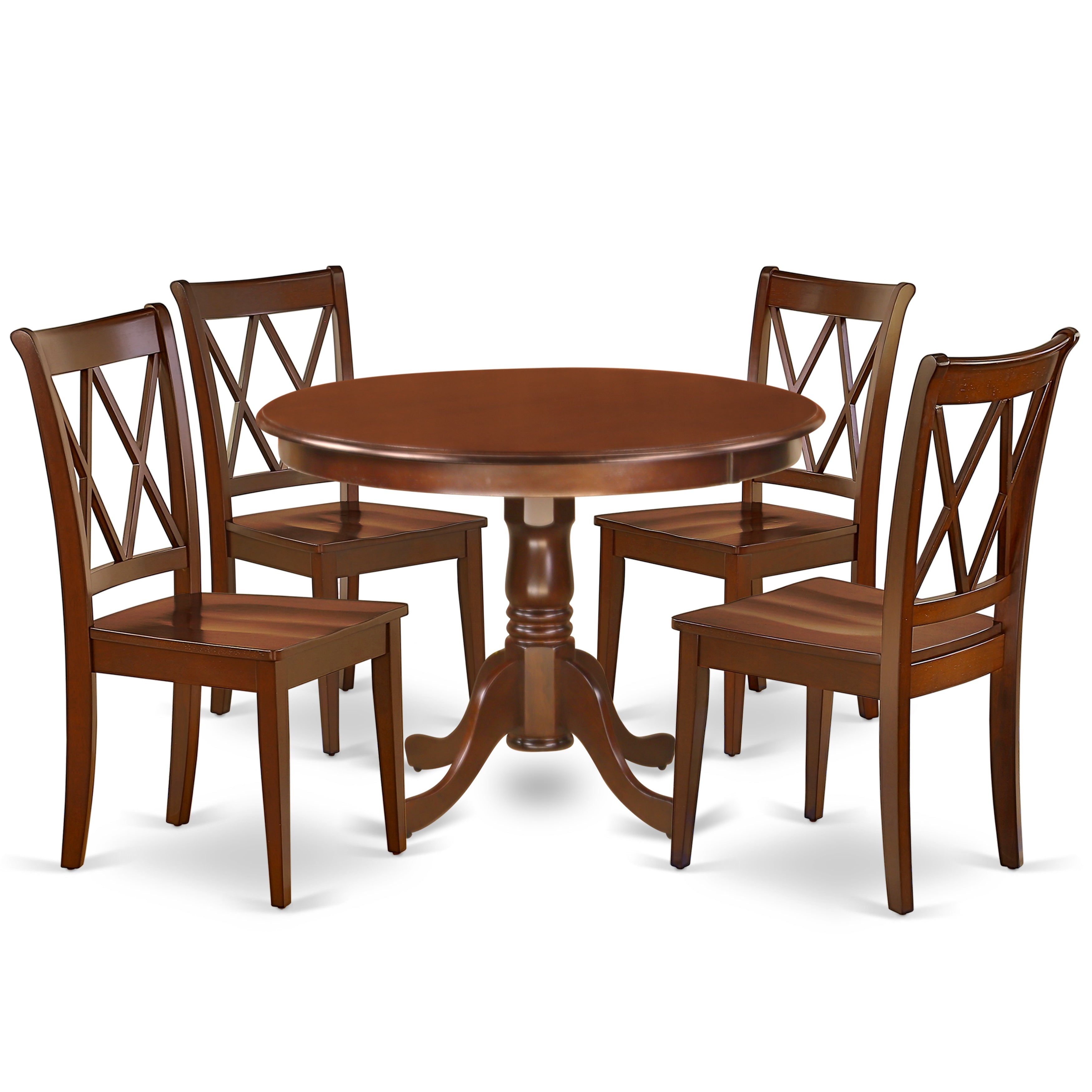 Juego de mesa de cocina de 5 piezas East West Furniture HLCL5-MAH-W para 4 personas. Incluye una mesa de comedor redonda con pedestal y 4 sillas de comedor.