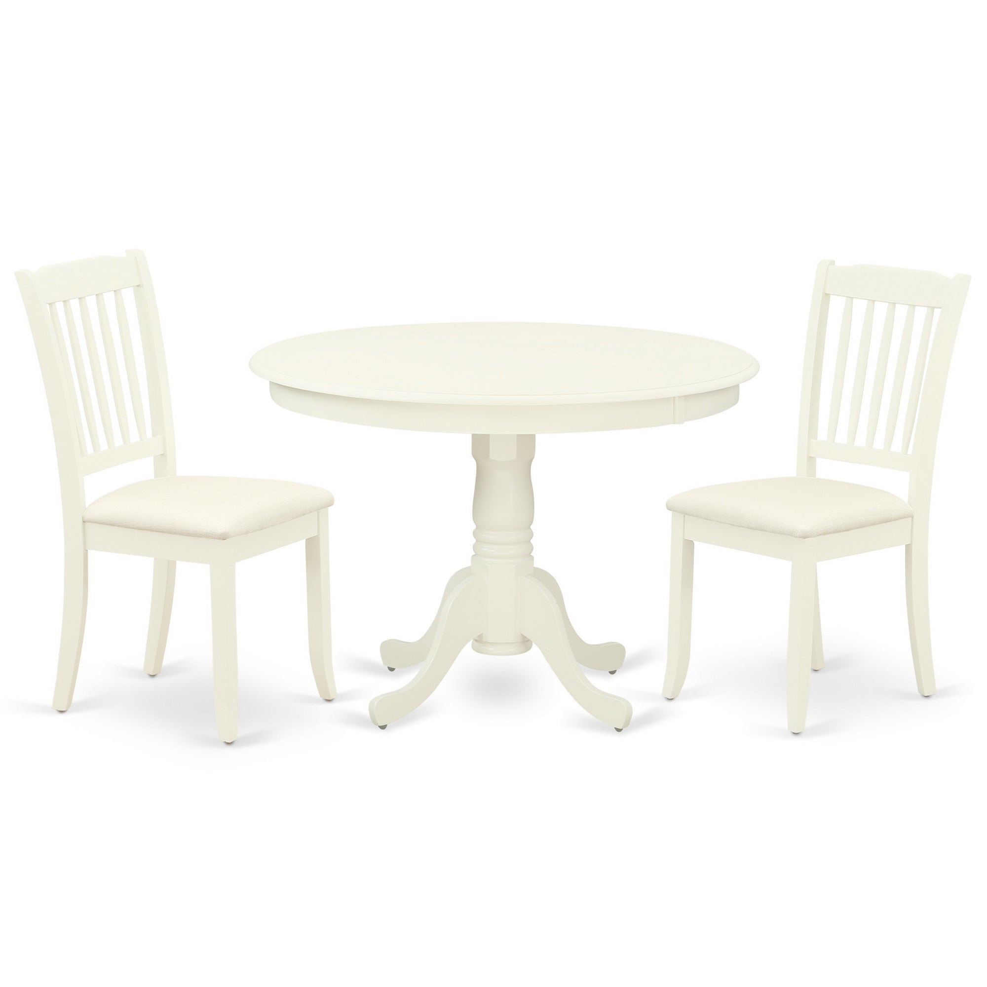 Juego de mesa de comedor de 3 piezas HLDA3-LWH-C de East West Furniture. Incluye una mesa de cocina redonda con pedestal y 2 sillas de comedor tapizadas en tela de lino.