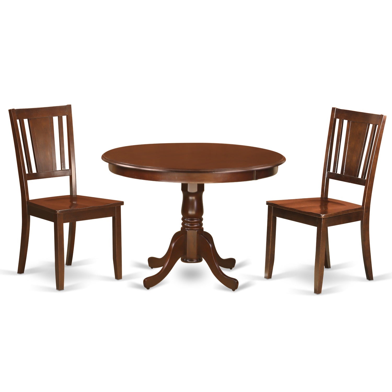 Juego de comedor de 3 piezas HLDU3-MAH-W de East West Furniture. Incluye una mesa de comedor redonda con pedestal y 2 sillas de cocina.