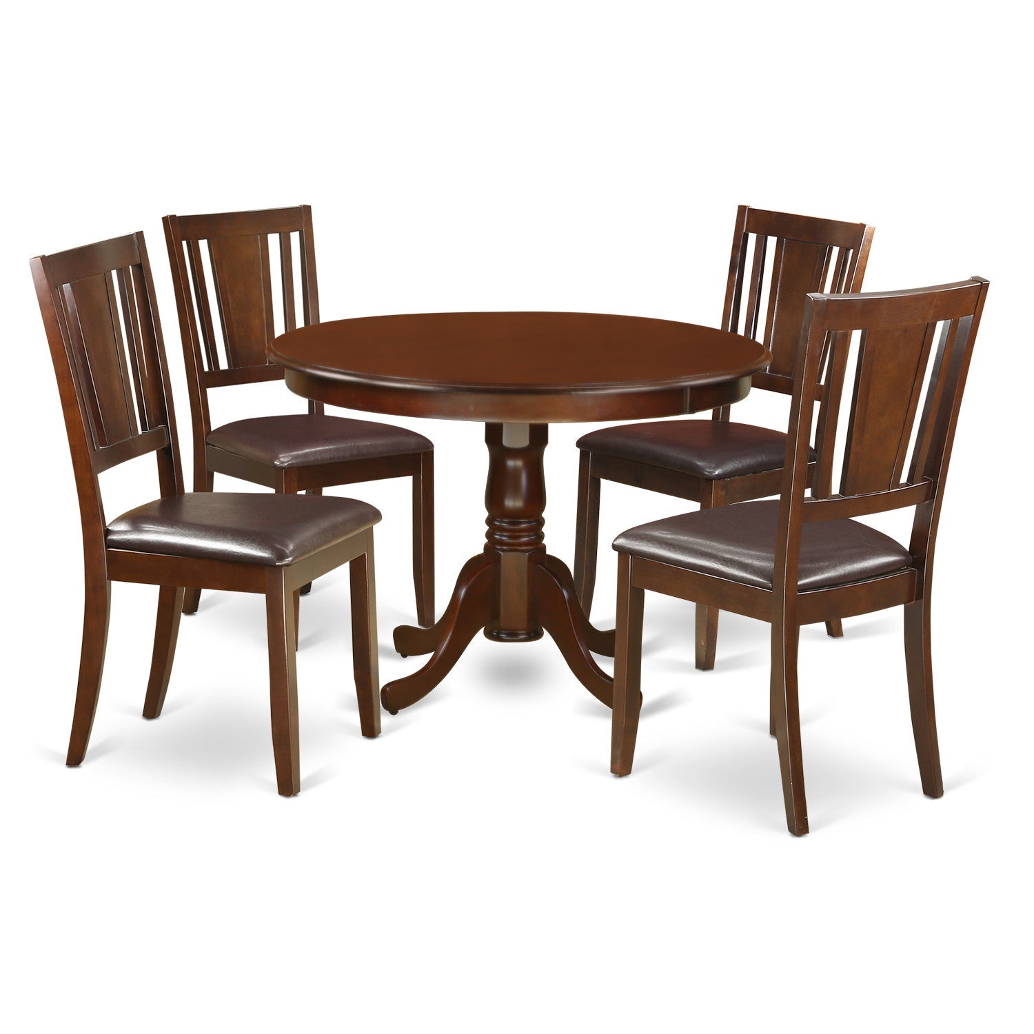 Juego de mesa de cocina de 5 piezas para 4 personas East West Furniture HLDU5-MAH-LC. Incluye una mesa de comedor redonda con pedestal y 4 sillas de comedor tapizadas en piel sintética.