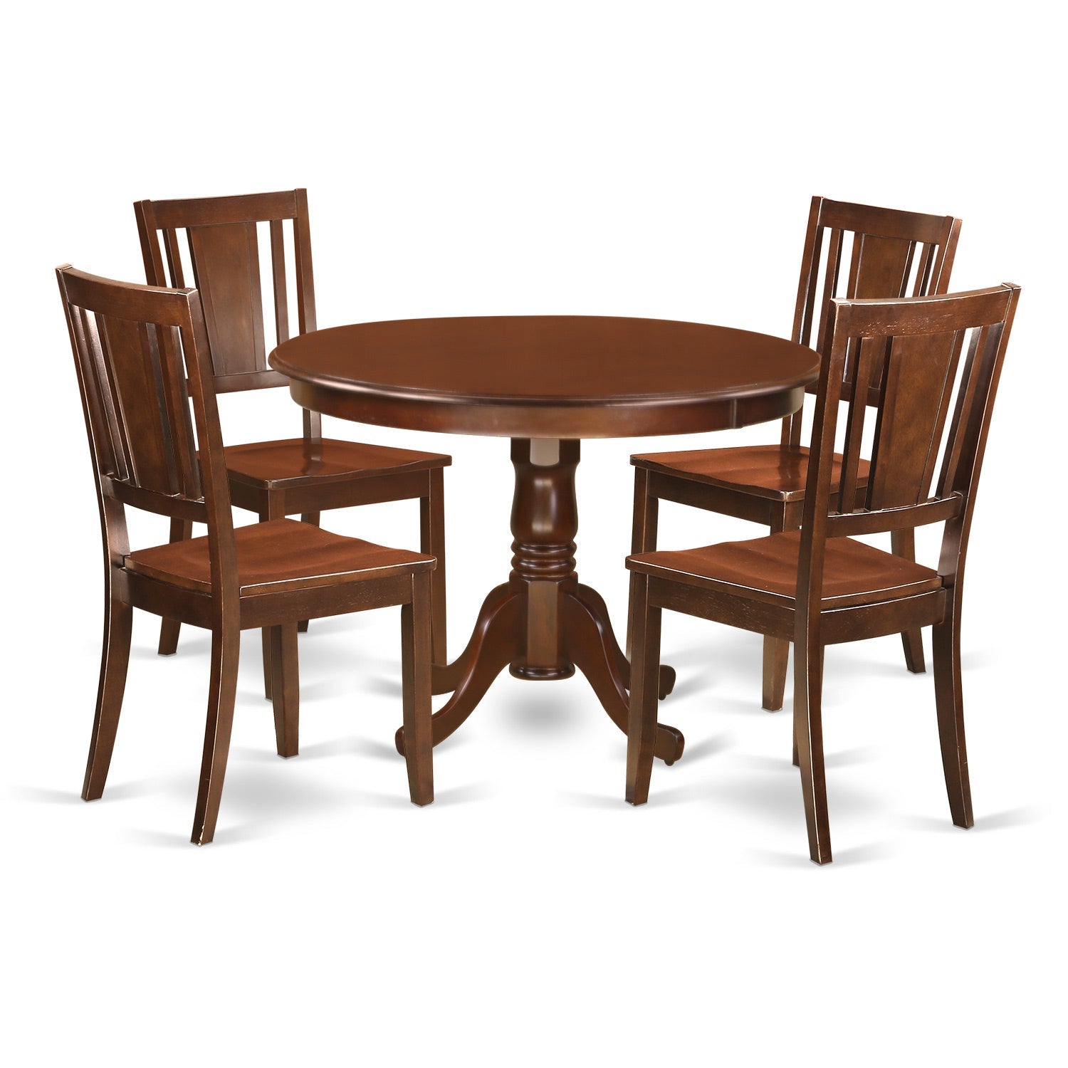 Juego de comedor de 5 piezas East West Furniture HLDU5-MAH-W. Incluye una mesa de comedor redonda con pedestal y 4 sillas de cocina.