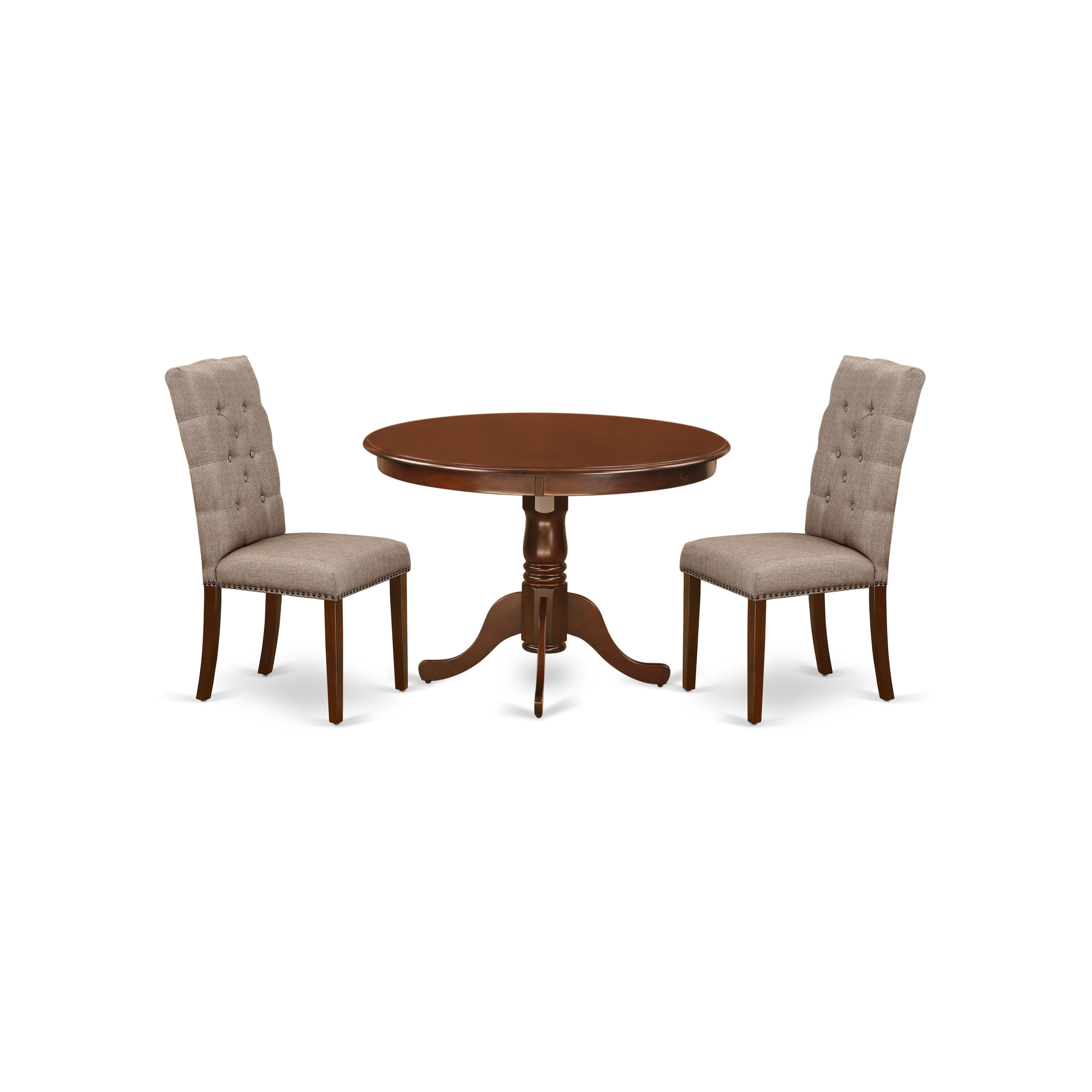 Juego de mesa de comedor de 3 piezas HLEL3-MAH-16 de East West Furniture. Contiene una mesa de comedor redonda con pedestal y 2 sillas de cocina tapizadas en tela de lino color caqui oscuro.