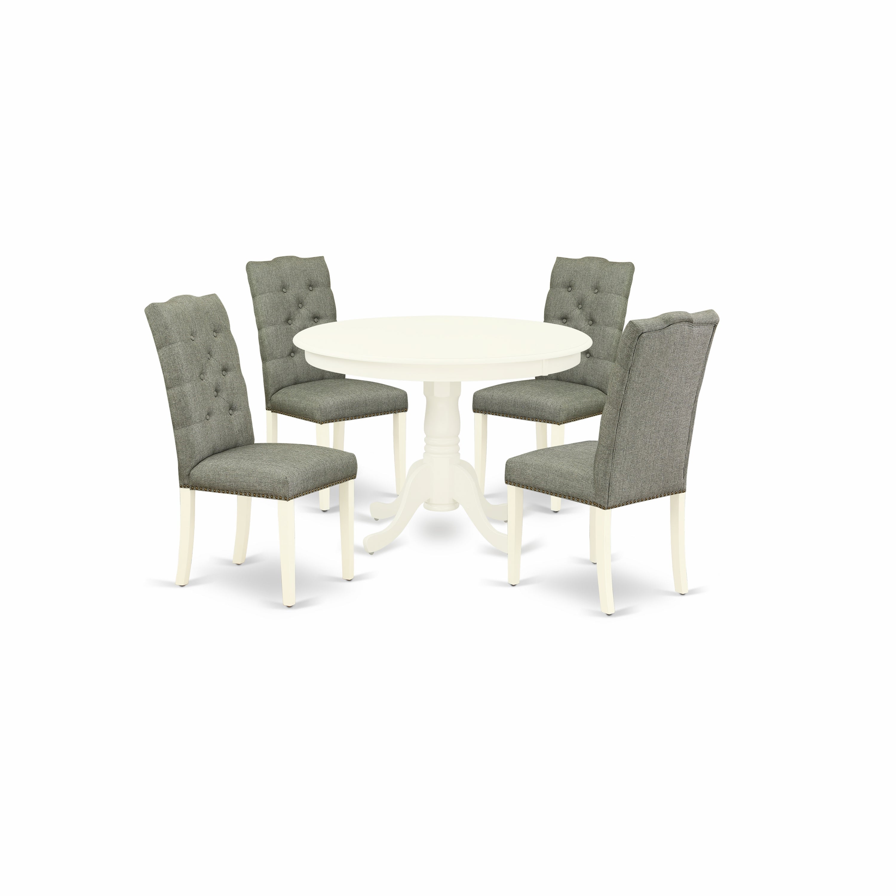 Juego de mesa de comedor moderna de 5 piezas East West Furniture HLEL5-LWH-07. Incluye una mesa redonda de madera con pedestal y 4 sillas Parson tapizadas en tela de lino gris.