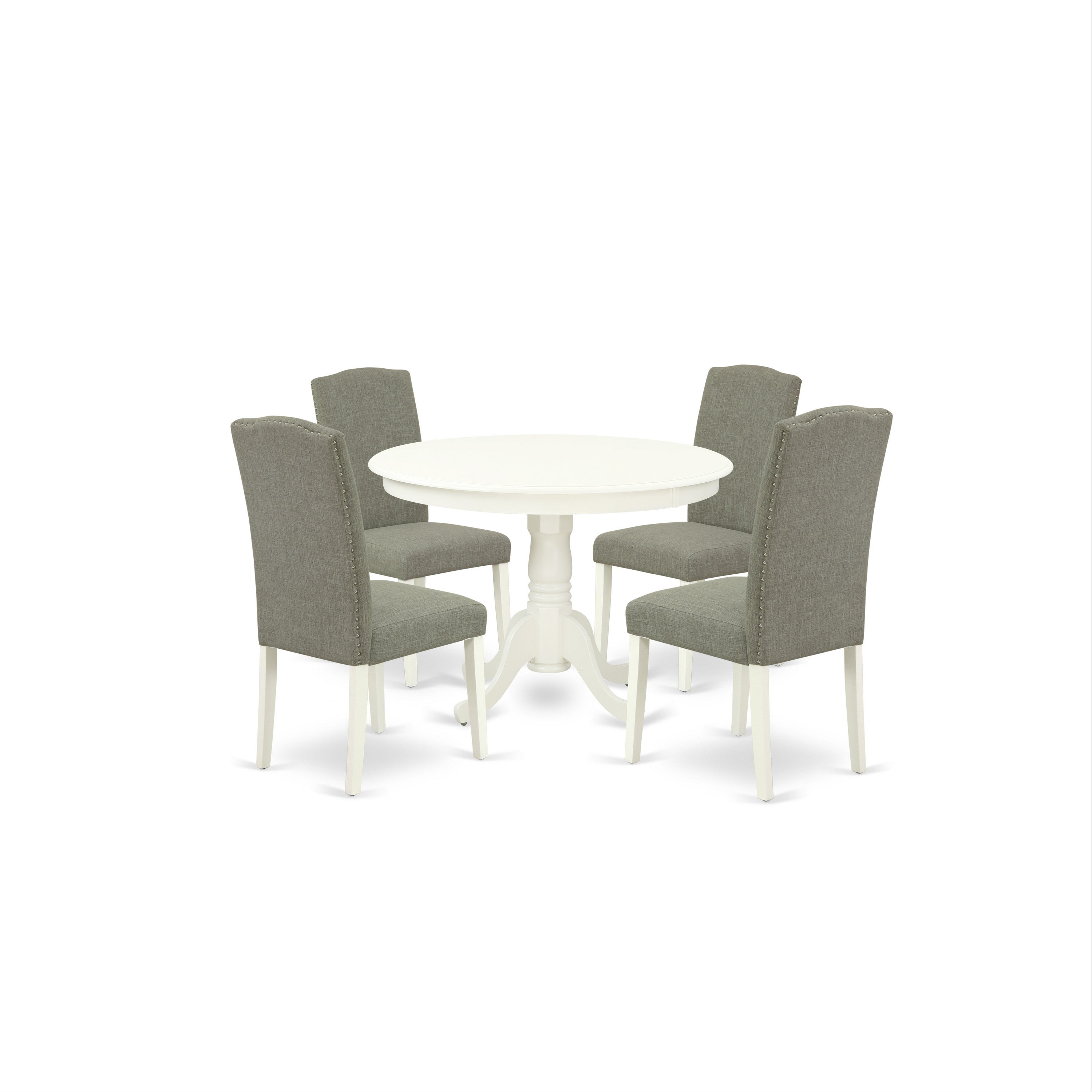 HLEN5-LWH-06 5Pc Round 42 Inch Dinette Table And Four Parson Chair With Linen White Leg And Linen Fabric Dark Shitake