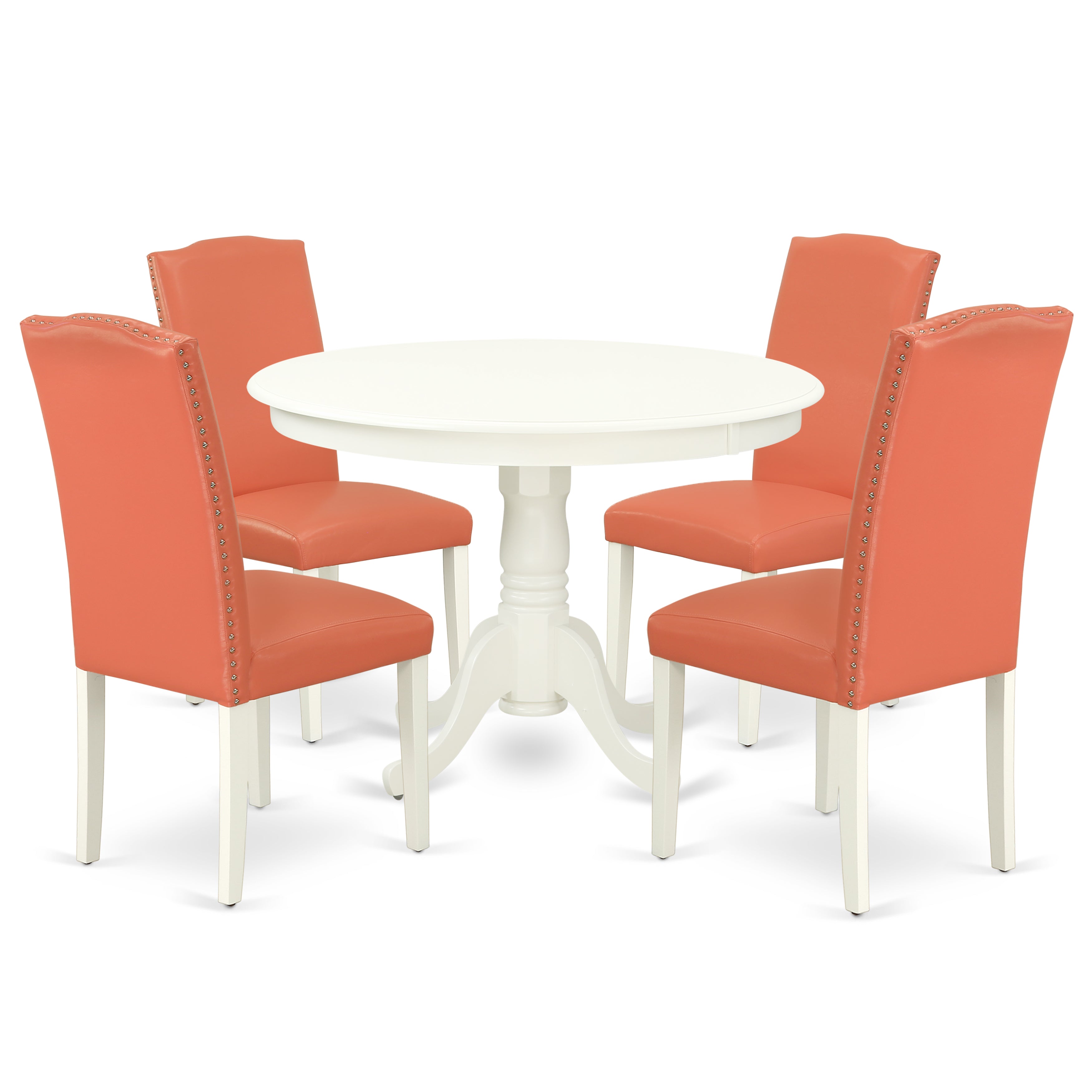 El juego de mesa de comedor de 5 piezas East West Furniture HLEN5-LWH-78 incluye una mesa redonda de madera con pedestal y 4 sillas de comedor Parson de cuero sintético con diseño de flamenco rosa.